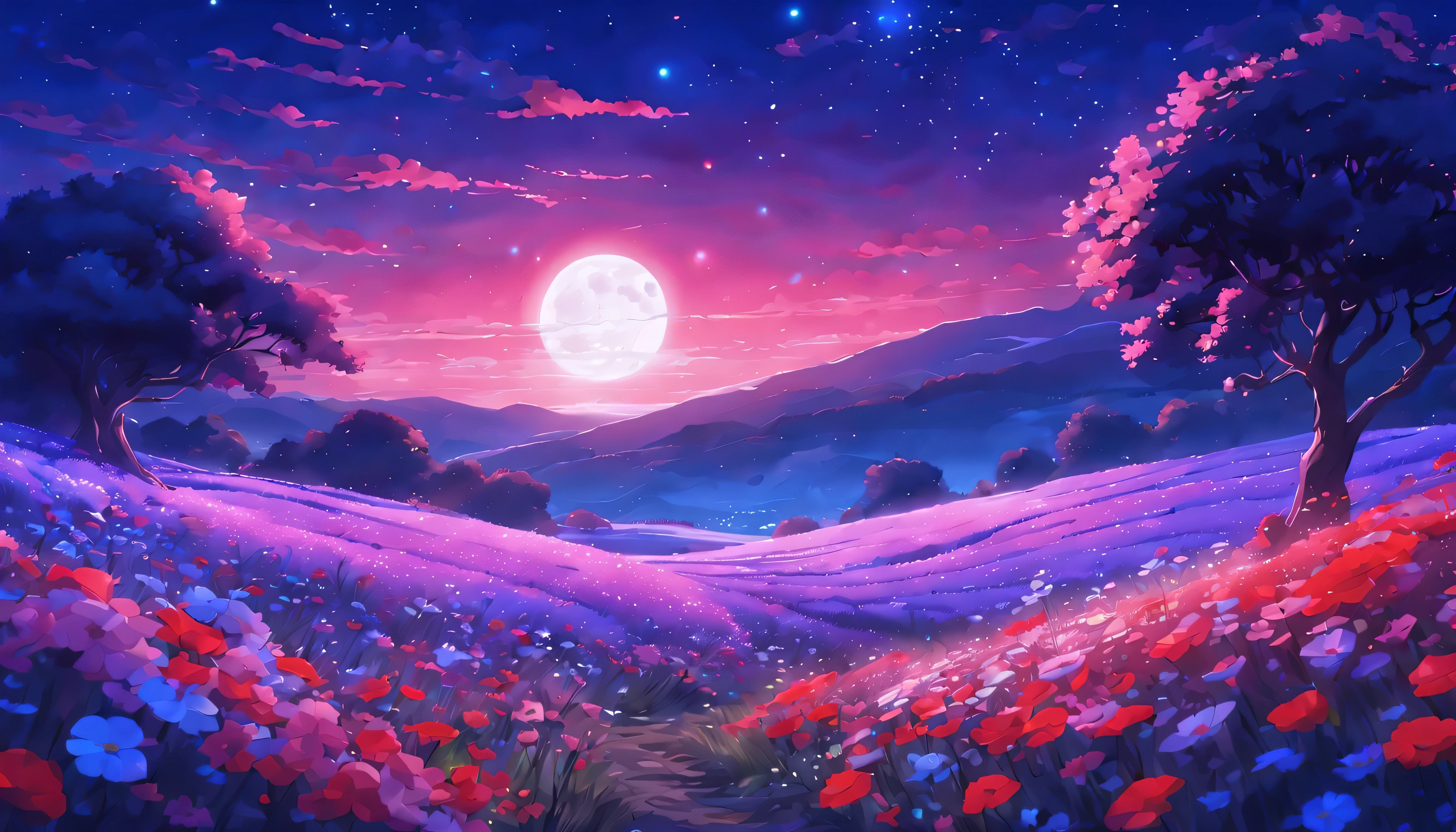 (masterpiece:1.2),(best quality),(8K,HD),(starfield:1.1),(shiny picture),(bright night),(anime scenery),(blue and purple field filled with beautiful flowers), full moon, red flowers in the field, glowing particles in the air, clear sky, fairytale, concept art, illustration, (Studio Ghibli),(inspirational art),(high hopes)