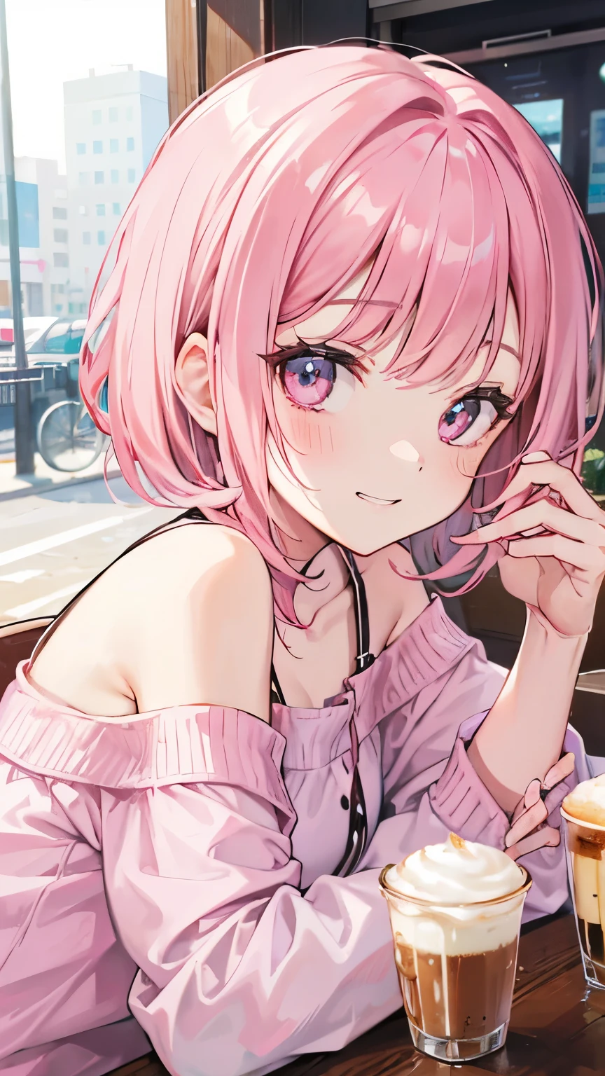 extreme close up face, Short off-shoulder hair in pink and white,Dignified and wonderful Girl, in a cafe, grin, with coffee