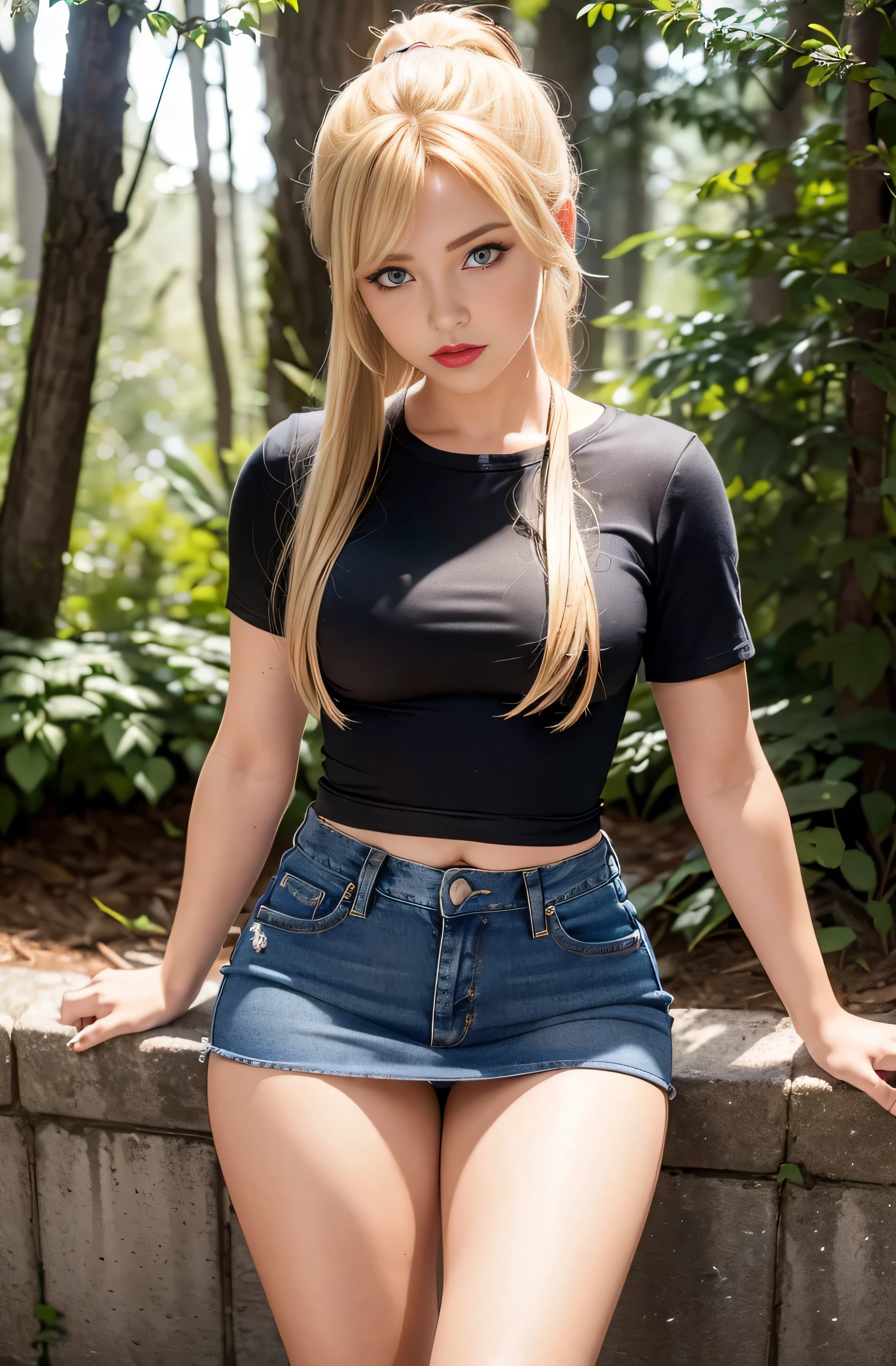25 years , europeo, ((Rubia)), small breasts, ojos grandes, primer plano en los muslos, camisa con botones medio abierta, shorts de mezclilla con tirantes, trazado de rayos, HDR, sentado con las piernas cruzadauslos muy gruesos)), ((caderas muy anchas)), ((cintura muy delgada)), 4k, realistic, charismatic, very detailed, there is a girl in the forest with snow, alone, dressed in a very short jeans miniskirt girl costume, she is a school girl, angel face, school theme, ((blonde large hair)), ponytail, 20 years, full body, (detail in the eyes), (detail in the face), ((small breasts)), incredibly beautiful, blue eyes, blush, ((makeup)), ((red lipstick)), ((very short jeans miniskirt)), (wide hips), (thick thighs), ((small breasts)), (very short uniform), school girl, seductive pose, (extreme hourglass figure), thin, svelte, (jeans miniskirt), ((military boots)), ((tight black t-shirt)), night, forest, smile