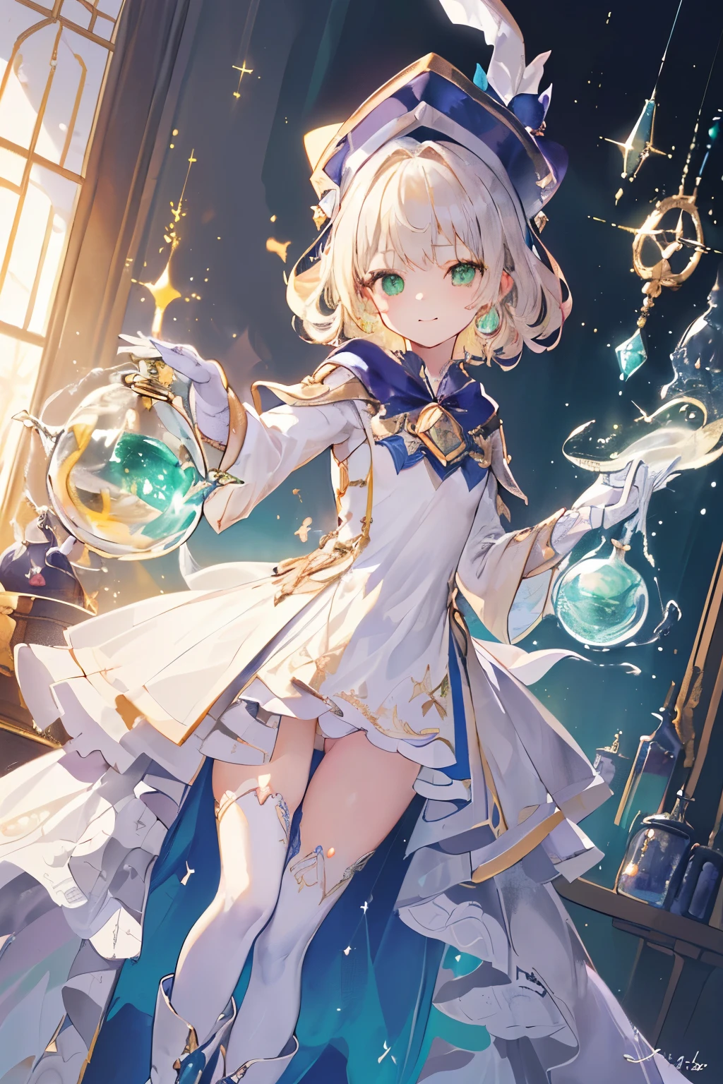 (((1girl))), ((best quality)), ((masterpiece)), ((ultra-detailed)), (illustration), (detailed light), (an extremely delicate and beautiful), (beautiful detailed eyes), (sunlight), ((extremely light)), ((extremely clothes)), (((hyper detail))),(((((front lighting))))),(((((front light))))),
((((quite adorable magical dress with brief skirt and magical hat)))),
, ((((rookie alchemist)))),
(((short curly manish bob))), ((((platinum blonde)))), (((short hair))),
(((clear green eyes))),
((((whole body)))), aged 5 to 8, ((((())))), (((((quite adorable young girl))))),
(((condescending expression))), (mischievous smile with sexual satisfaction), (((extra adorable))), (((extra slender shape))),
(((extremely beautiful detailed face))),
((elegant magic gloves)),
((elegant magic boots)),
(((bravely and dynamically curing companions with a Magic of Creation of potions))), ((Dutch angle)), (magical panties),
(((()))),
(((extremely thin thighagical stockings)))