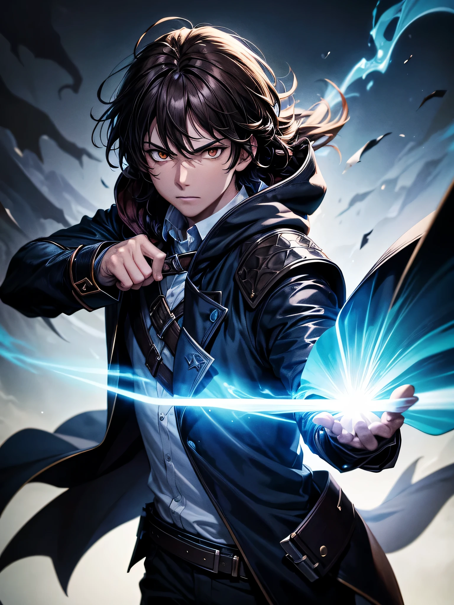 ultra HD 8k melhor qualidade,ultra-detalhado,Realista:1.37,retrato,fantasia negra,anime,Nivelamento Solo,heroic character, um rapaz,olhos castanhos, cabelo castanho, sobretudo com capuz, sharp focus,magical powers,aura misteriosa,Dynamic Pose,threatening expression,olhos brilhantes,demonic presence,manto do ceifador,armadura detalhada,Arma Encantada,fundo escuro,mysterious lighting,paleta de cores azul,smoke effects,action scene,alto contraste,pinceladas fluidas,obra de arte:1.2