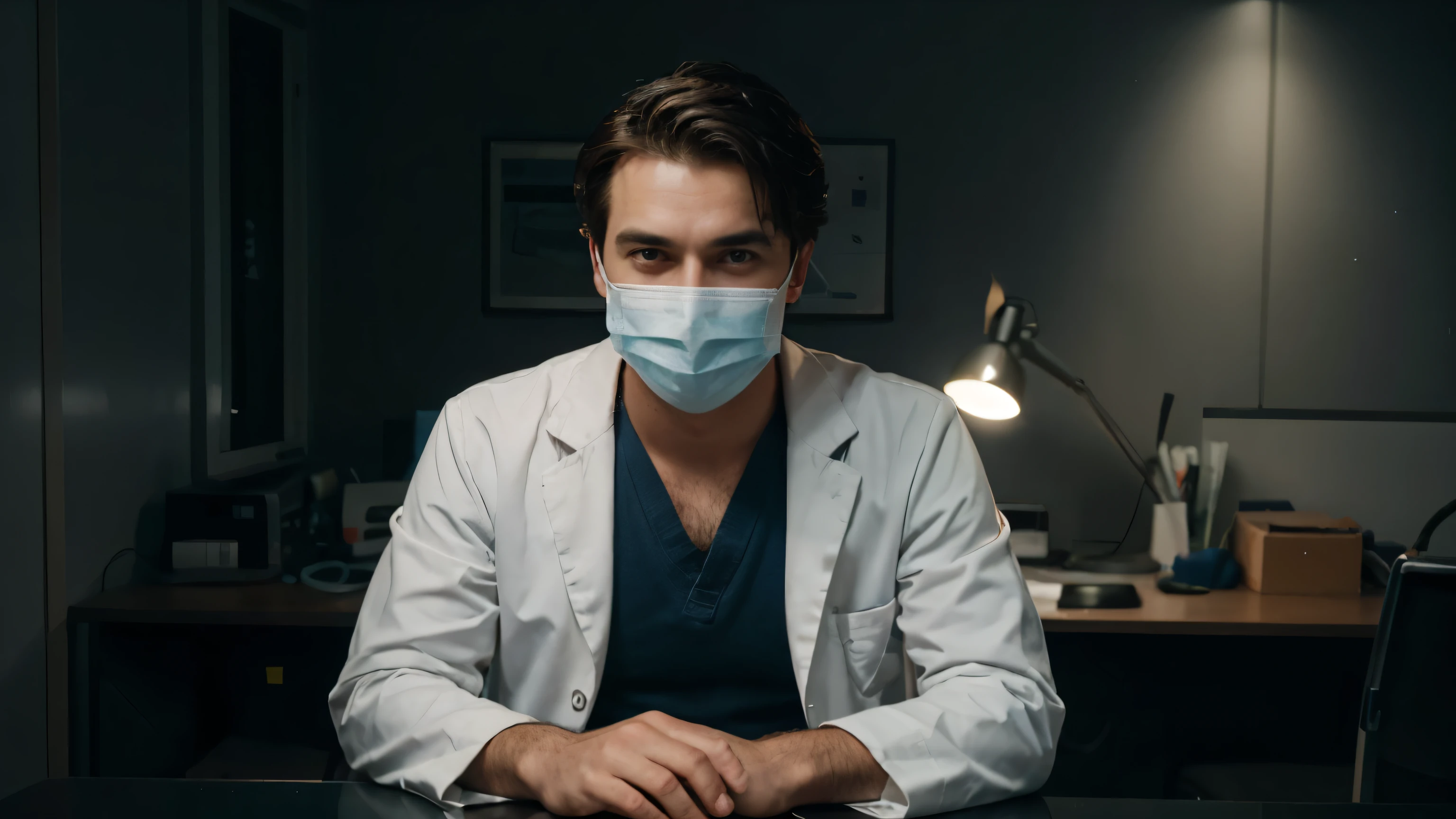 generate ultra realistic male doctor with face mask sitting on the work table in the dark room looking in the camera and talking