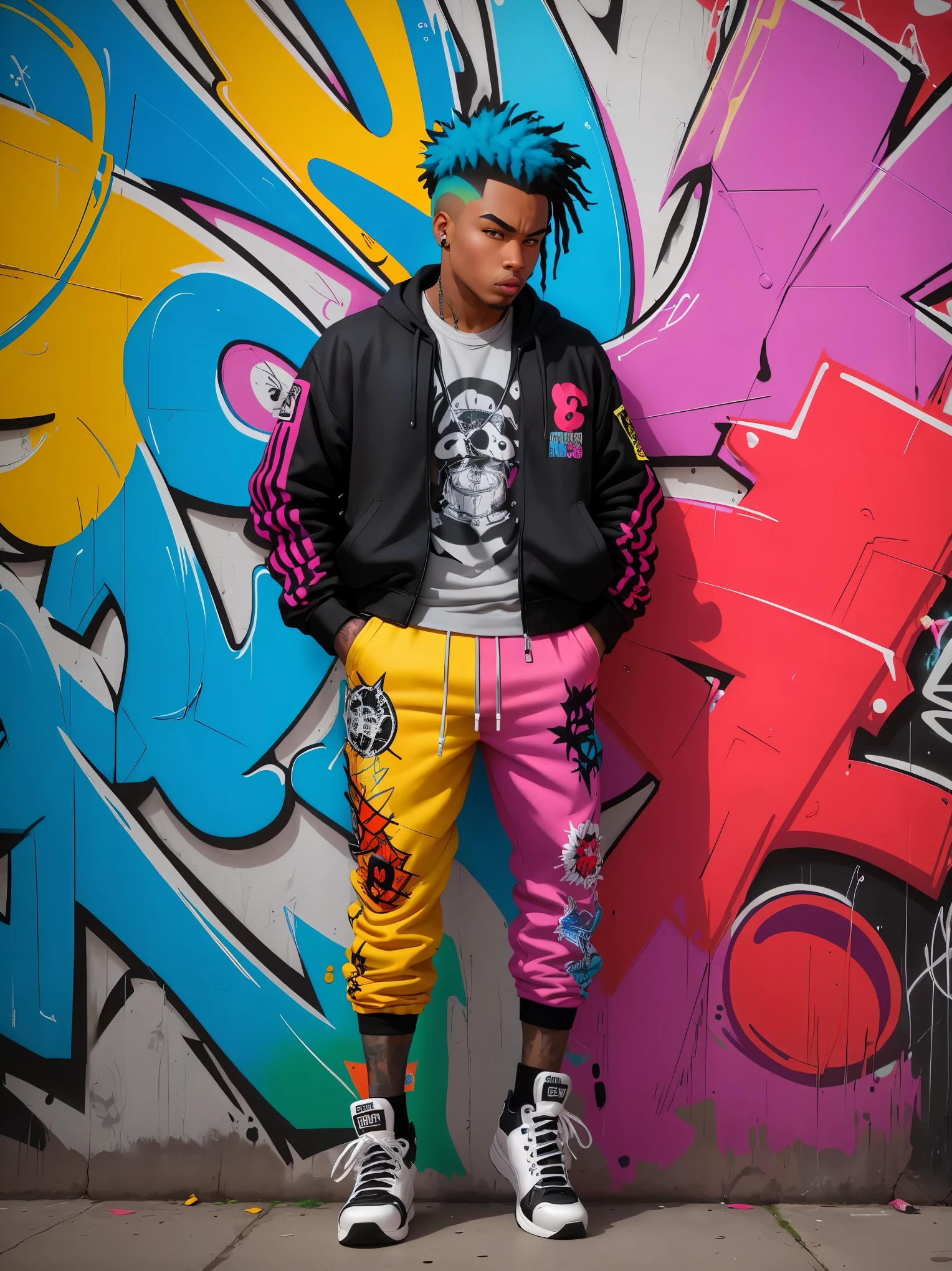 A colorful graffiti art on a weathered wall, vibrant and full of life, bringing comic characters to life. Extremely detailed, urban street scene, eye-catching characters, realistic graffiti art style, pop culture aesthetics, vivid colors, detailed artwork, murals, whimsical interactions, street art culture, artistic expression, urban environment, dynamic composition, rich textures, professional graffiti artist, energetic atmosphere, hip-hop culture, animated characters, bold lines, urban lifestyle, modern art, urban decay, creative expression, art on the streets, youth subculture.

