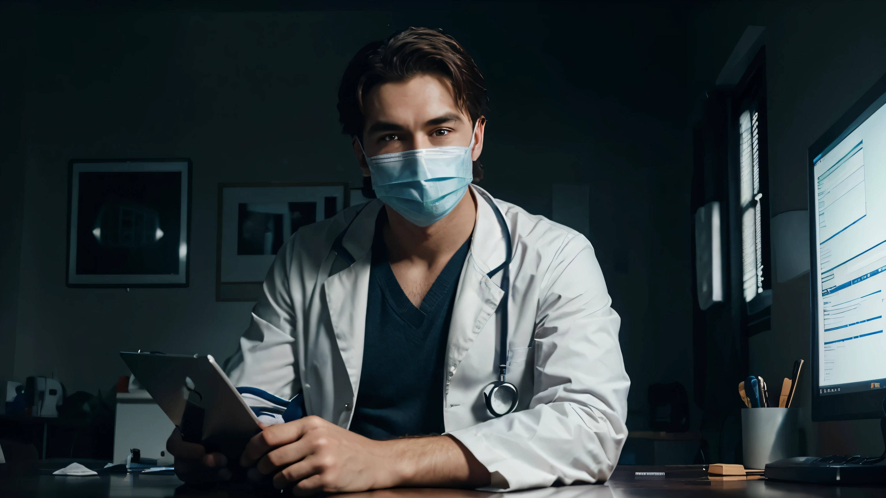 generate ultra realistic male doctor with face mask sitting on the work table in the dark room looking in the camera and talking
