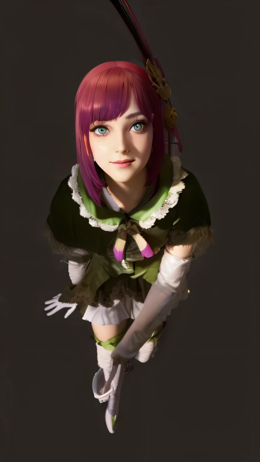 A red-haired girl with short hair and green eyes