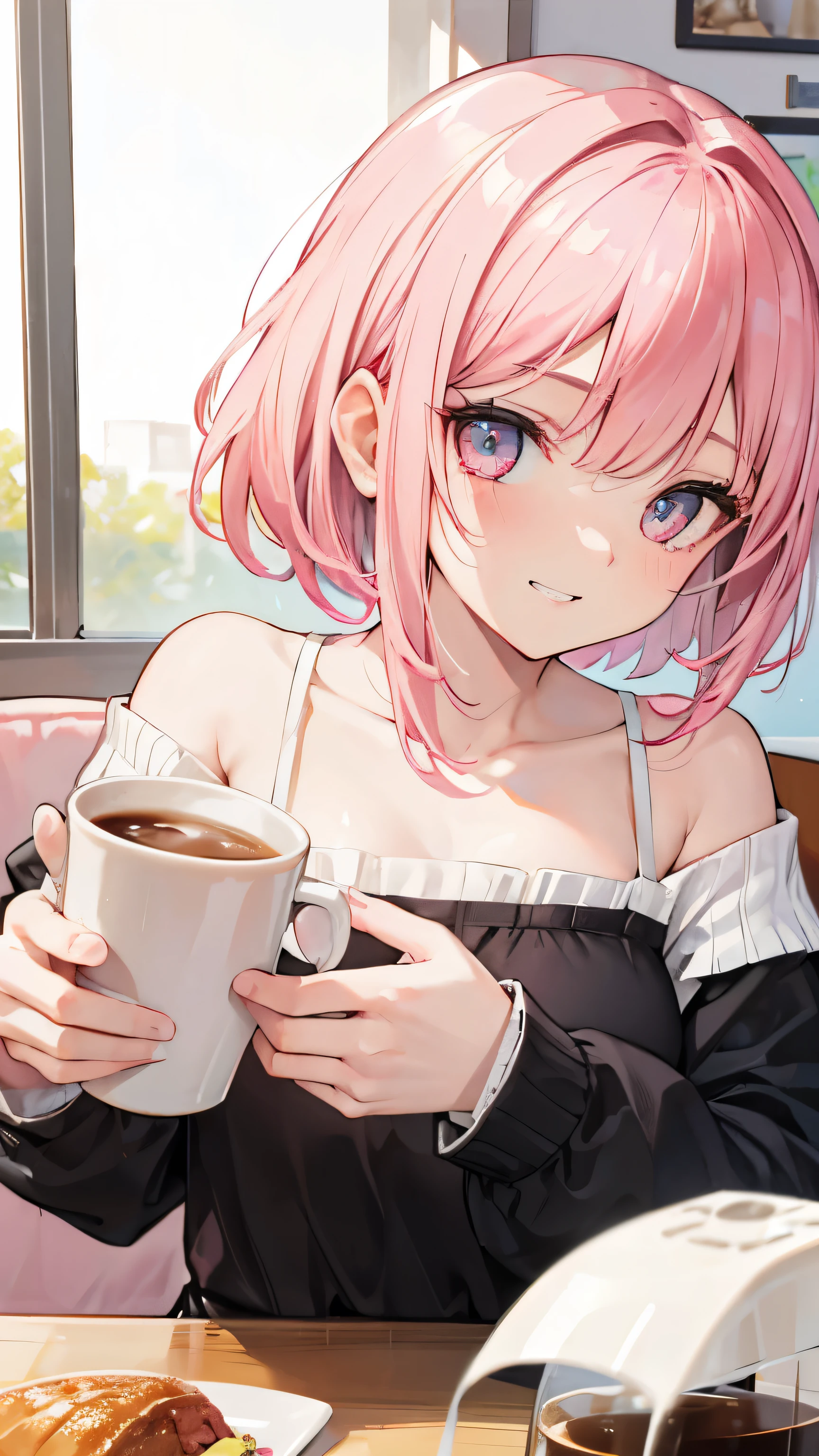extreme close up, pink and white off shoulder short hair,Rin々nice and lovely girl, at the cafe, grin and laugh, Coffee included