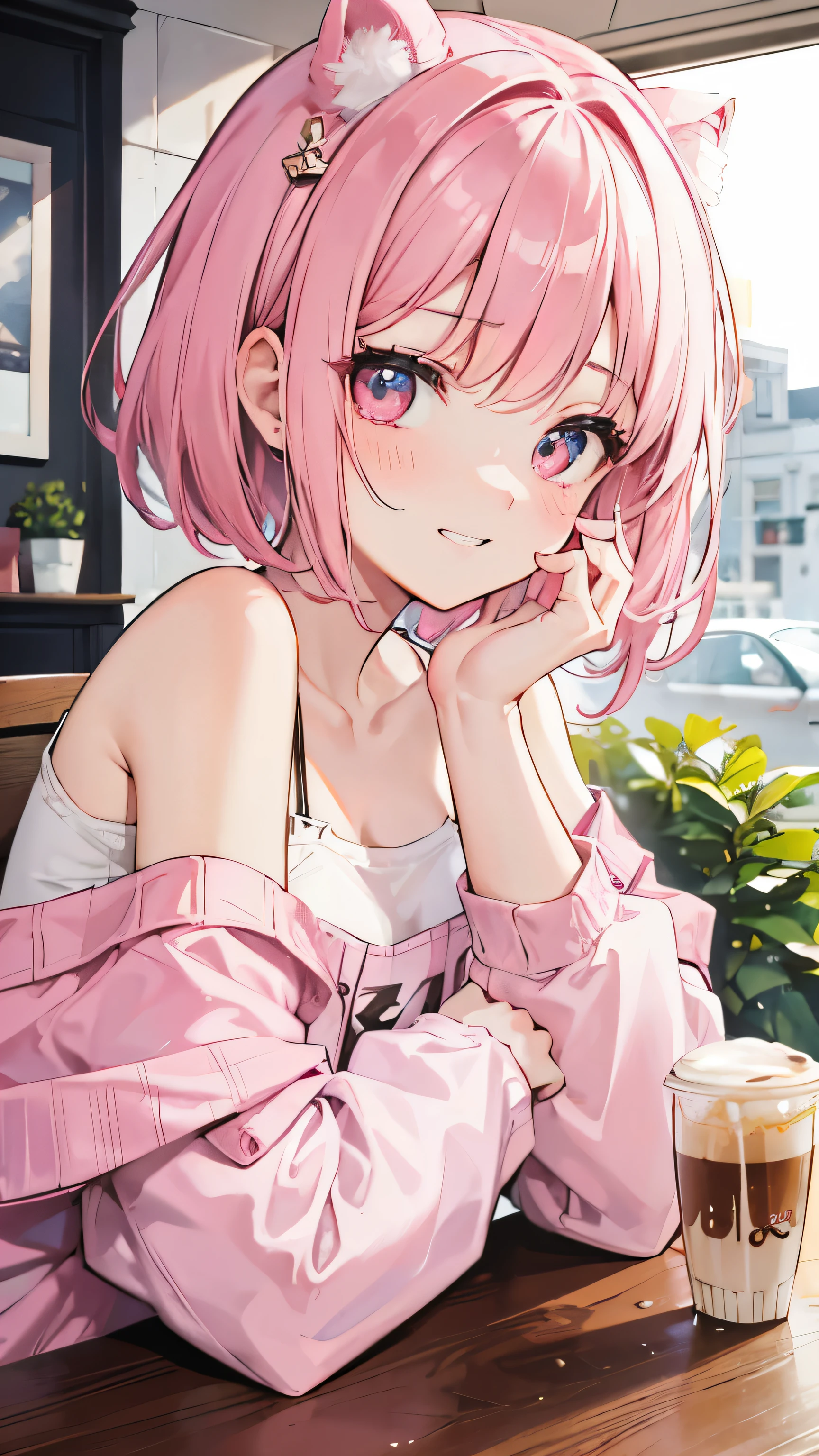 extreme close up, pink and white off shoulder short hair,Rin々nice and lovely girl, at the cafe, grin and laugh, Coffee included
