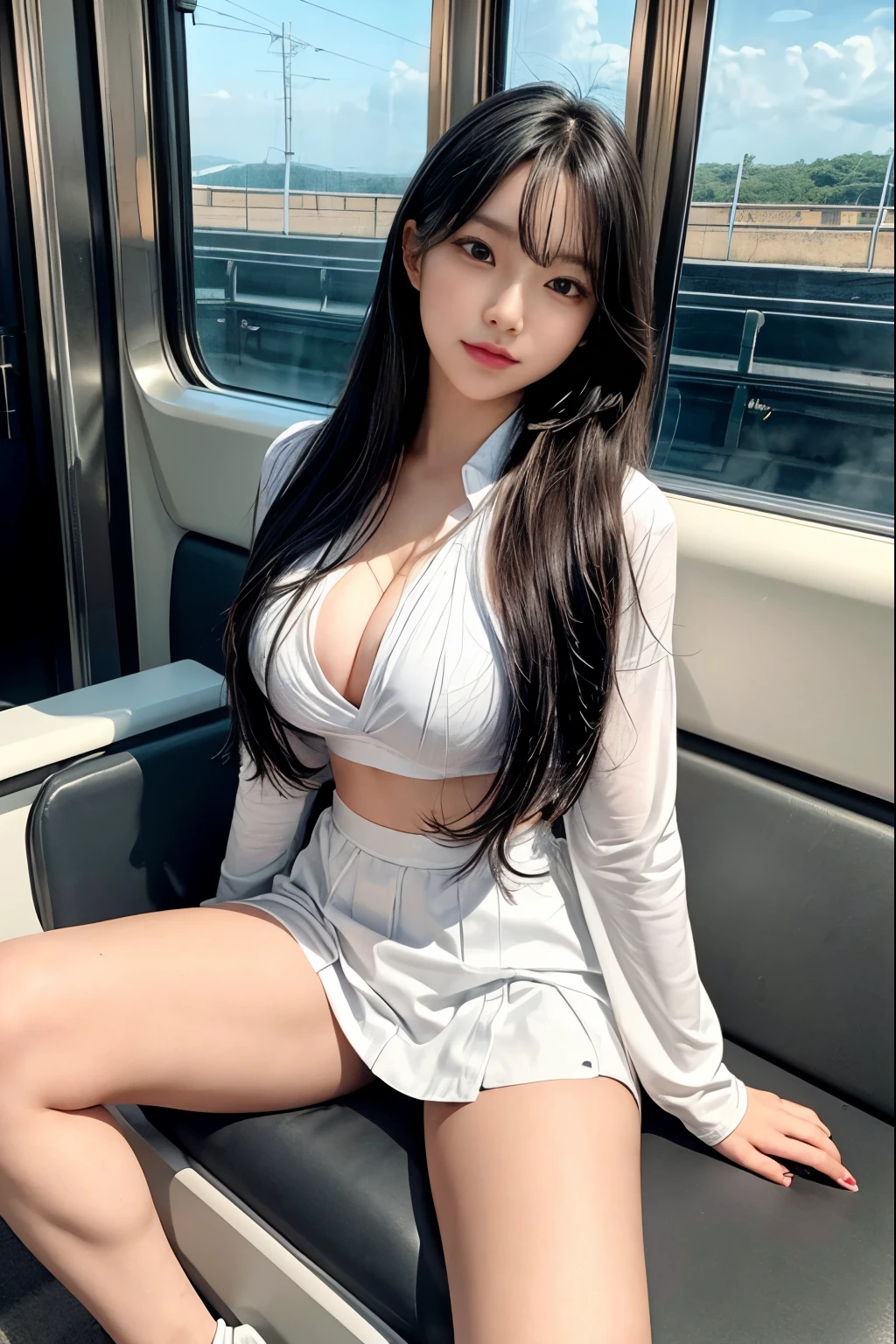 (table top, high quality, 超high quality, 4k)black haired、27 year old Japanese girl、1 female 2.0、 uniform, uniform skirts、emphasize the thighs、white thighs,soft thighs、Gorgeous thighs、Sitting on the train、facing angle,(angle from below),sit on a train seat,Sitting in front，Zoom in on the crotch camera,My feet are on the floor of the train,Full body Esbian,Looking down and sleepy,Watch only viewers, 最high quality, 超High resolution, (realistic:1.4),, High resolution, detailed, RAW photo, Shapuri, Nikon D850 Film Stock Photo by Lee Jefferies 4 Kodak Portra 400 Camera F1.6 Lenses Rich Colors Hyper-Real Vibrant Textures Dramatic Lighting Unreal Engine Art Station Trends cinestir 800,open knee:1.2、white panties:1.2