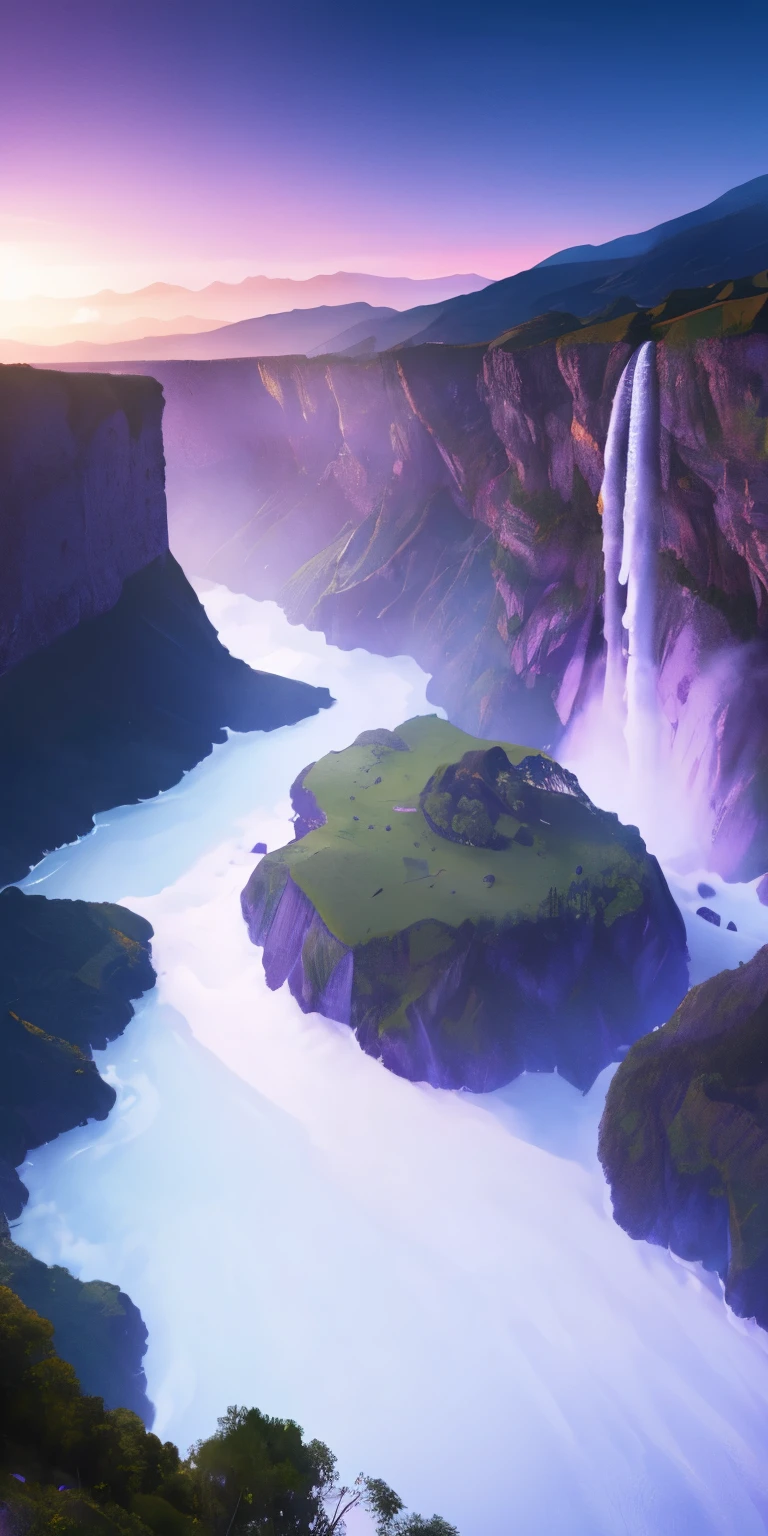 fantastic scenery, purple sky,blue sky, pink sky, full moon, waterfall falls, Water Mist, fog, High cliffs, surrealism, high detail, Depth of the bounds written, cinematic lighting, motion blur, shining light, ray tracing, reflected light, Backlight, blend, bloom, cast a shadow, nffsw, table top, Accurate, anatomically correct, Super detailed, advanced details, high quality, award-winning, 最high quality, High resolution, image fill