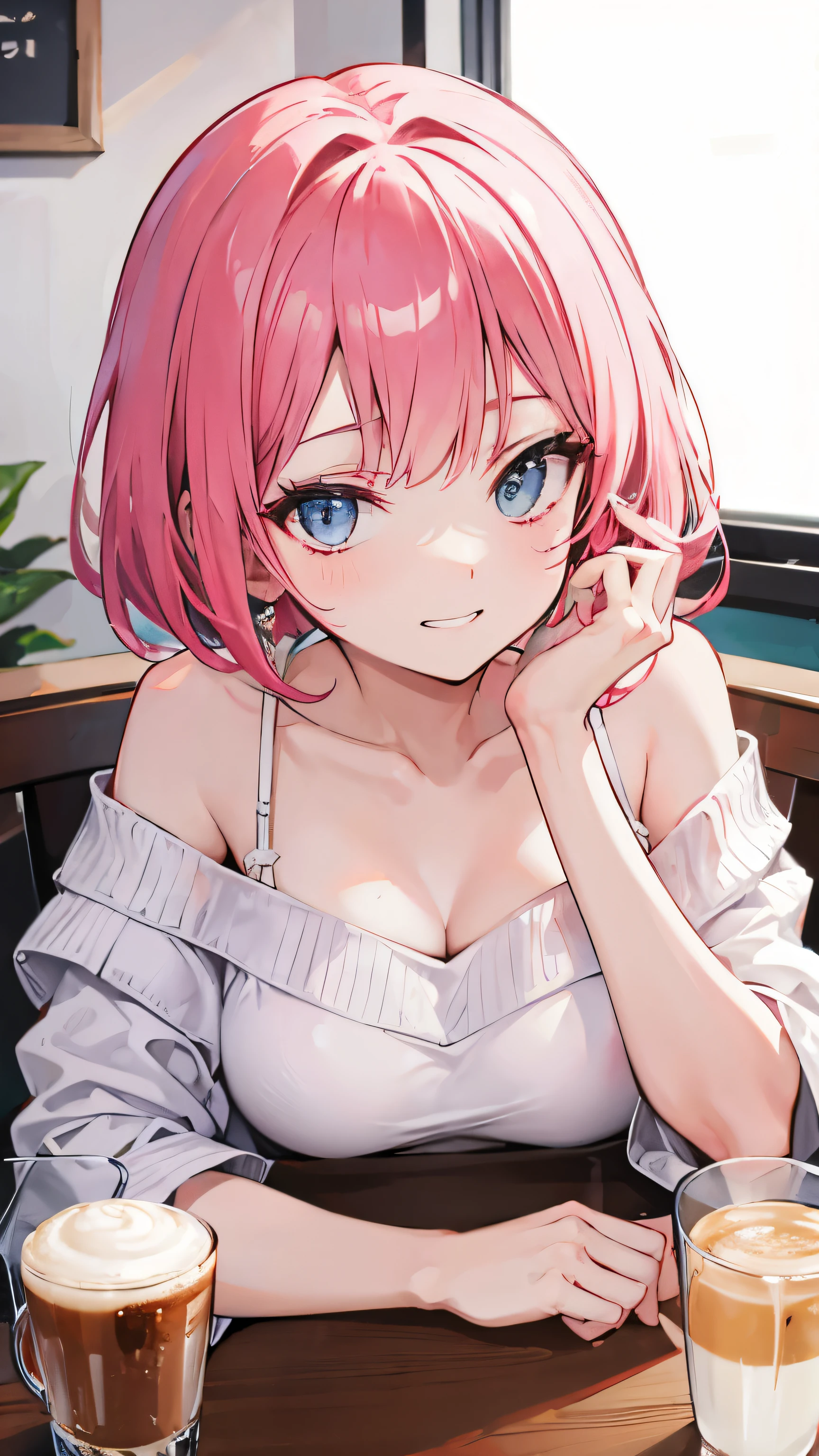 extreme close up, pink and white off shoulder short hair,Rin々nice and lovely girl, at the cafe, grin and laugh, Coffee included
