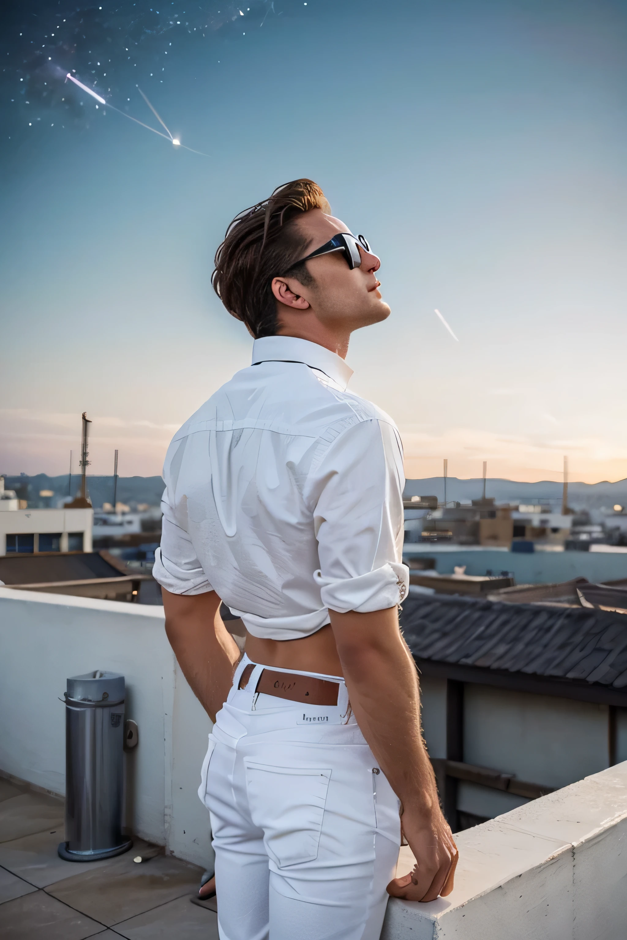 A stylish man 18-25 man, white jeans, back view, distance from view, angle view, white jeans, with a pair of vintage sunglasses stands on a rooftop, gazing up at the stars. She feels a connection to her departed loved ones, knowing they are watching over her from the night sky. The image is rendered in a retro, nostalgic style, with muted colors and a grainy texture. looking up at the stars. stands on a rooftop, looking up at the stars