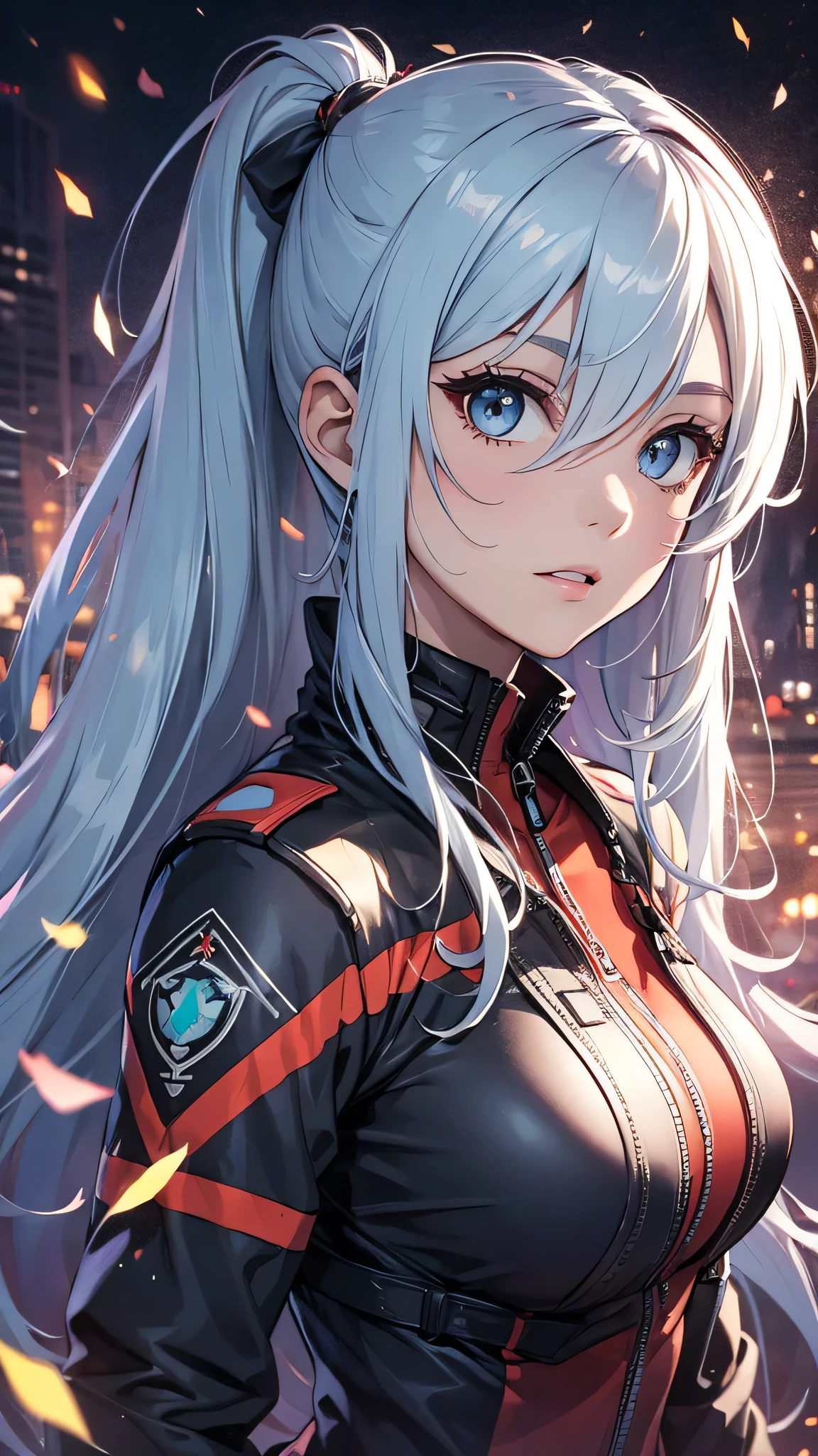 最high quality、best image quality、masterpiece、teenage girl((20-year-old、 By becoming、vest bust、medium bust,wide open breast tea、shining eyes, light blue hair、long hair、thin,highest valley、ponytail、black pilot suit、panicked face)),high quality、beautiful art、background((Flight機のコックピット内、spark、up in flames、red lighting))、Flight、debris flies、Depth of written boundary、movie、visual art、perfect art、8k,genuine、