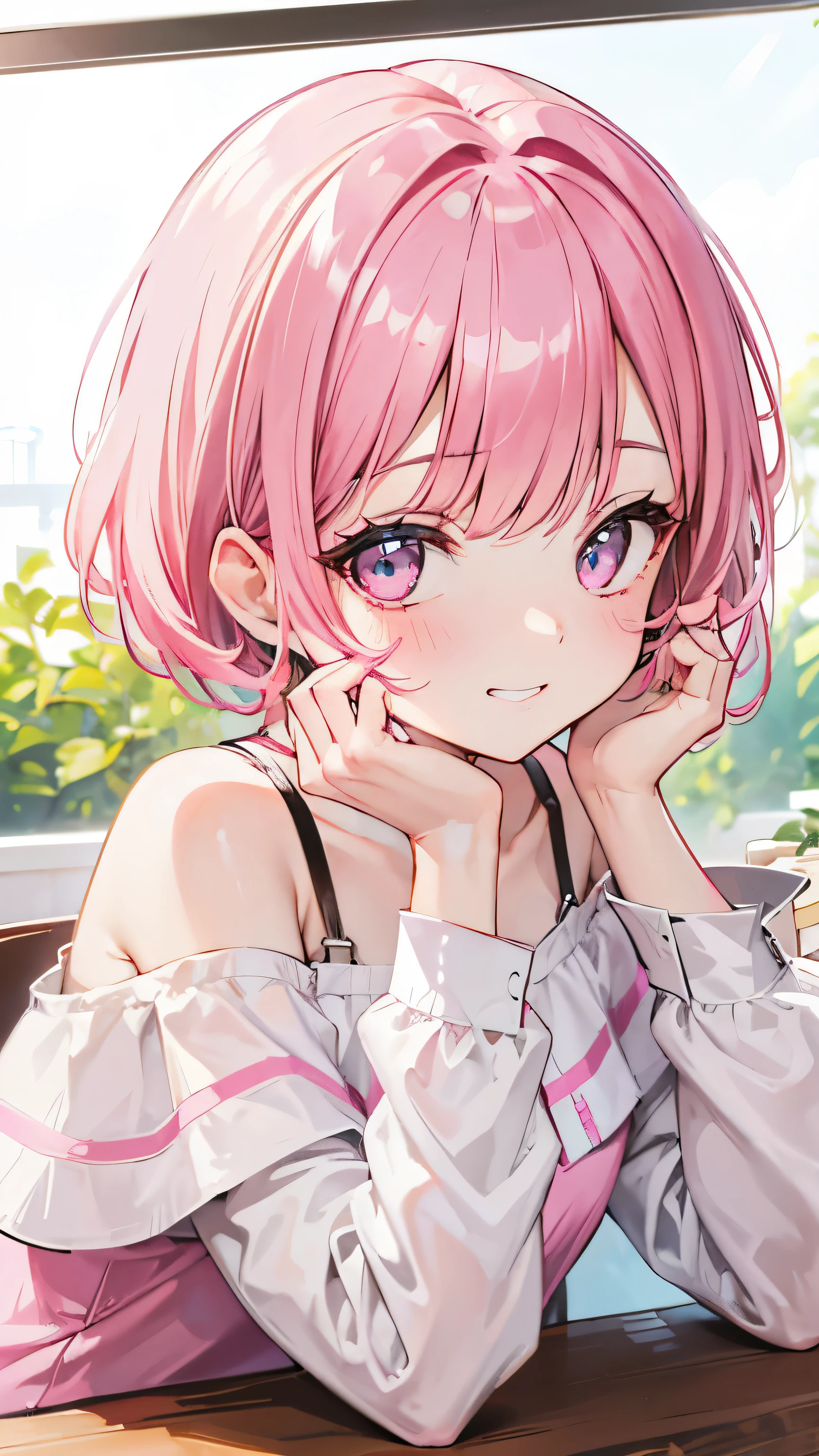 extreme close up, pink and white off shoulder short hair,Rin々nice and lovely girl, at the cafe, grin and laugh, Coffee included