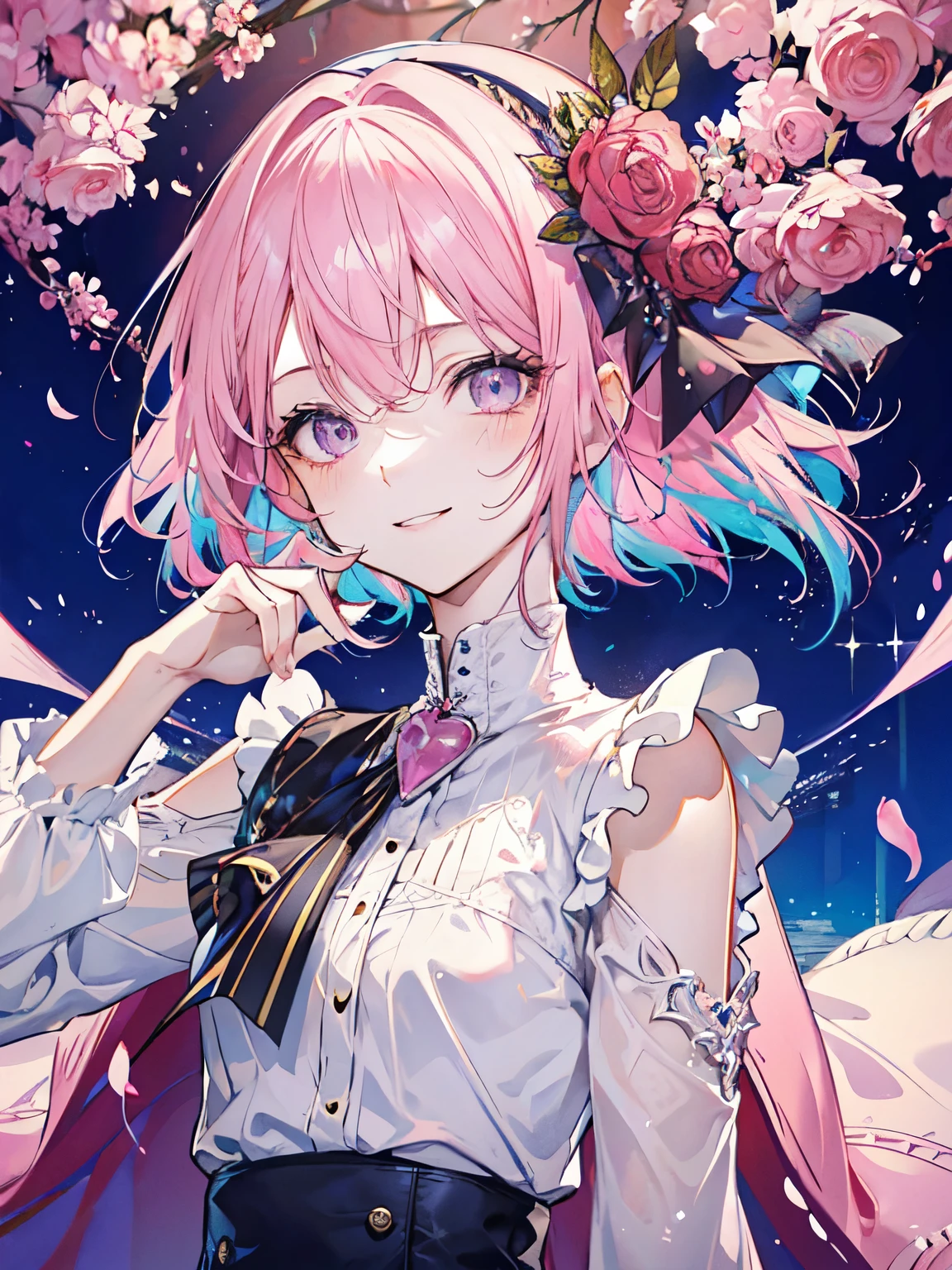 ((masterpiece, super-detailed, high quality, eye detail, sparkling eyes)), two people, brother and sister pictured together, ((brother is 178 cm tall, pink hair, short hair down the front, habitually outsprayed, pink and purple eyes, neutral face, flat chest, cool, expressionless, sharp eyes),( sister is 163 cm tall, pink hair, short hair down the front, fluffy, light blue and pink eyes, smiling)).
