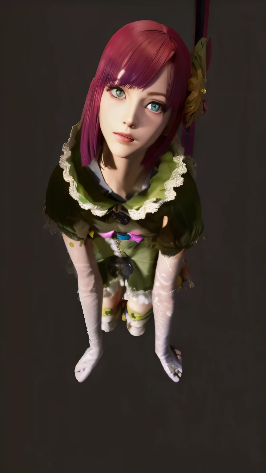 A red-haired girl with short hair and green eyes  big 