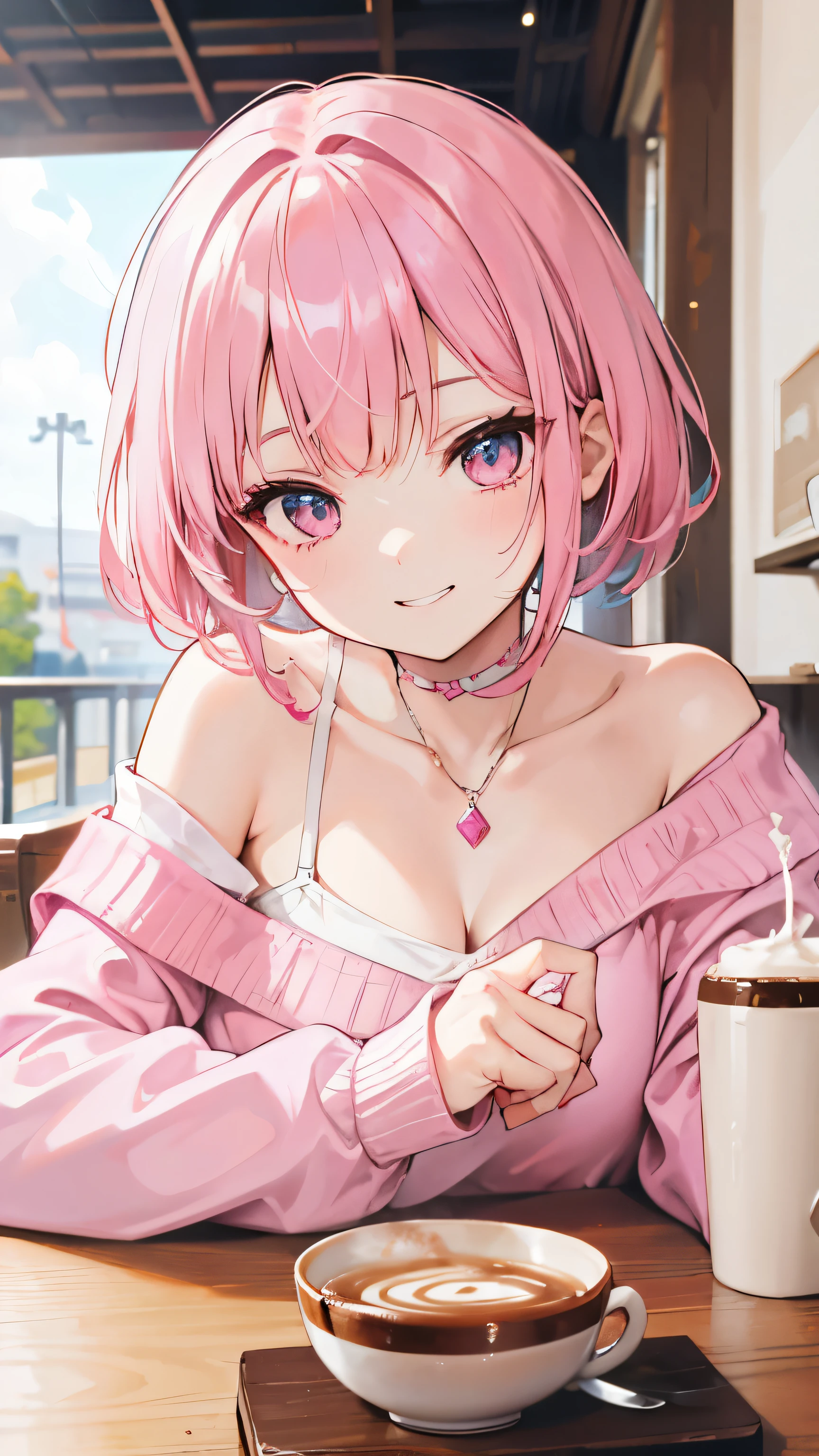 extreme close up, pink and white off shoulder short hair,Rin々nice and lovely girl, at the cafe, grin and laugh, Coffee included