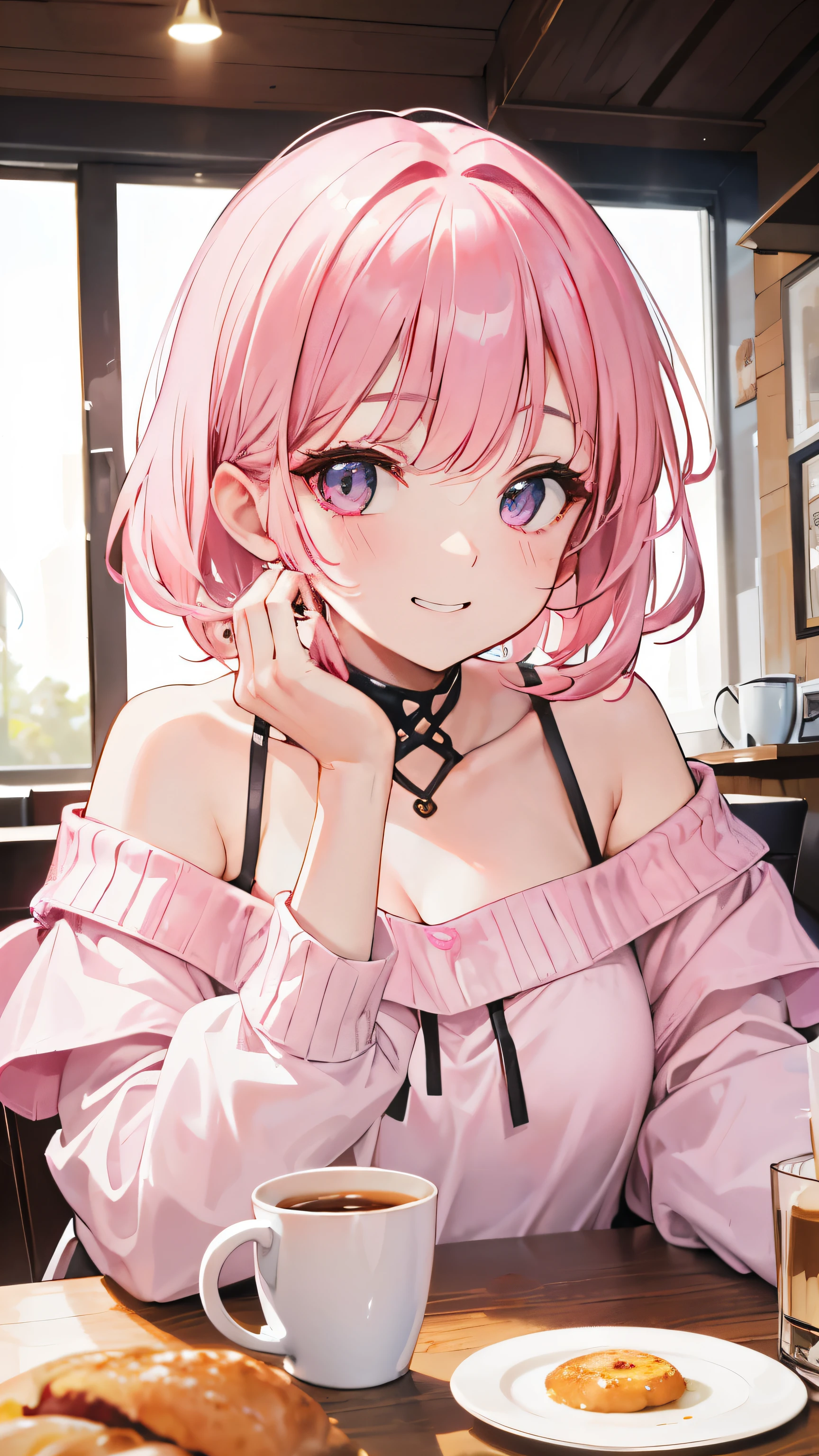 extreme close up, pink and white off shoulder short hair,Rin々nice and lovely girl, at the cafe, grin and laugh, Coffee included