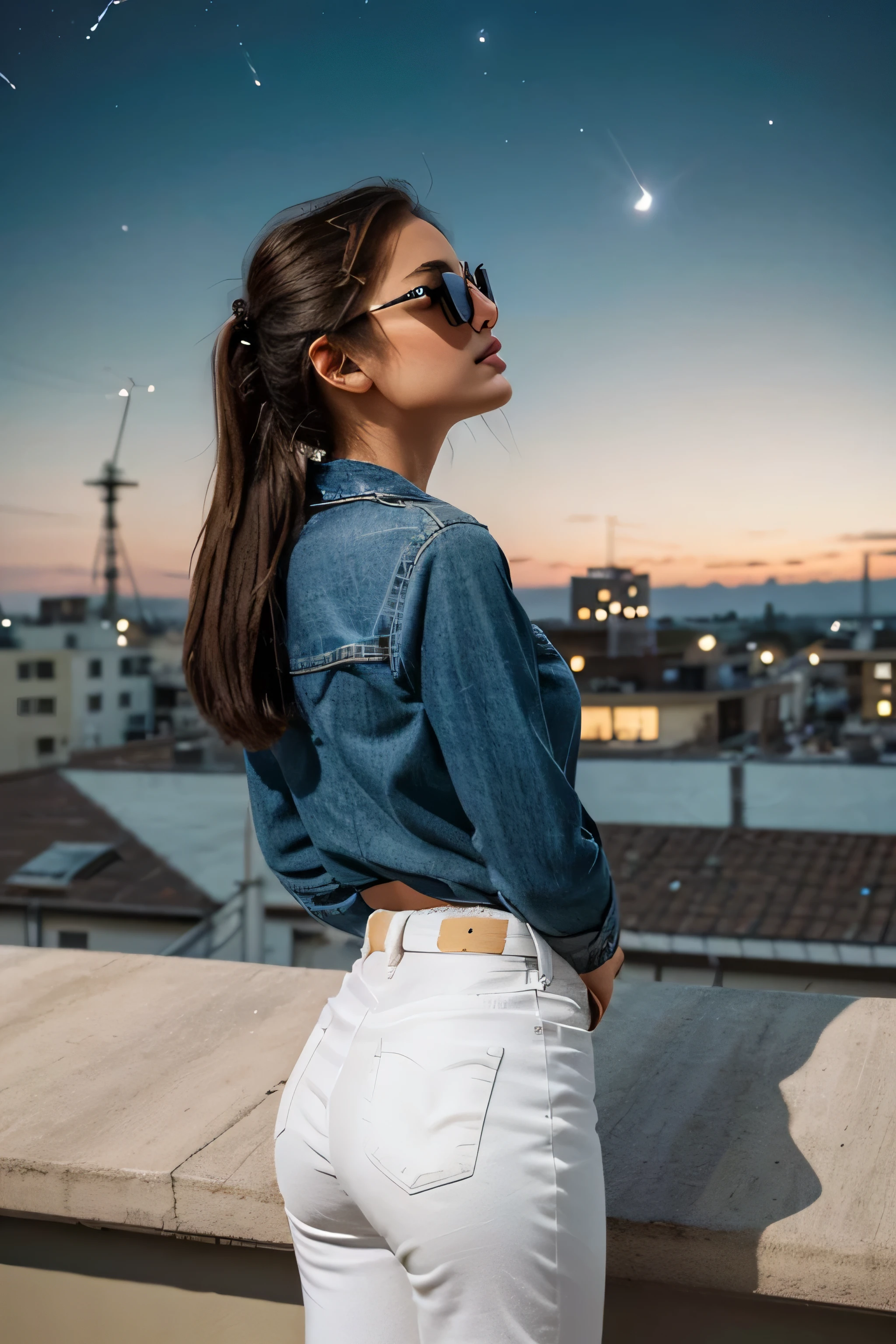 A stylish girl 18-25 man, back view, distance from view, angle view, white jeans, with a pair of vintage sunglasses stands on a rooftop, gazing up at the stars. She feels a connection to her departed loved ones, knowing they are watching over her from the night sky. The image is rendered in a retro, nostalgic style, with muted colors and a grainy texture. looking up at the stars. stands on a rooftop, looking up at the stars