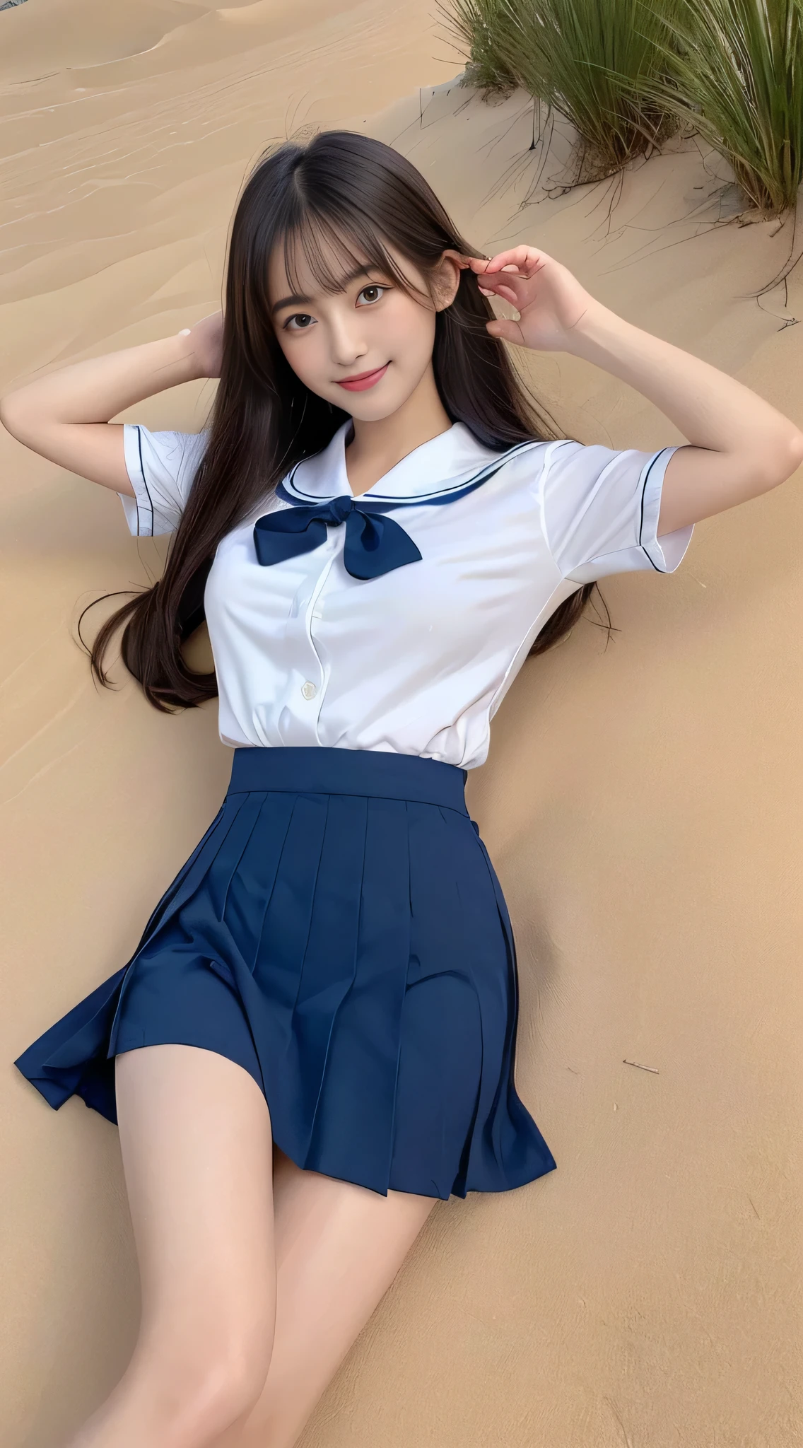 (super highest quality、超A high resolution、8k、masterpiece:1.3)、beautiful woman with perfect figure:1.4、detailed face、detailed eye、double eyelid、1men and women、high school girl、(japanese school uniform)、(((best smile)))、mini skirt、hair length、thin legs、cute、Full body Esbian、extraordinary beauty、black haired、daytime 、perfect proportions、(((Please sleep on your back)))、The Year is17Year、beautiful scenery、(blue sky)、(Big dunes)、、dunes、desert、navy blue pleated skirt、detailed panties、sailor suit、((Please show me your pants showing through the gap in your skirt.))、(rolled up skirt)