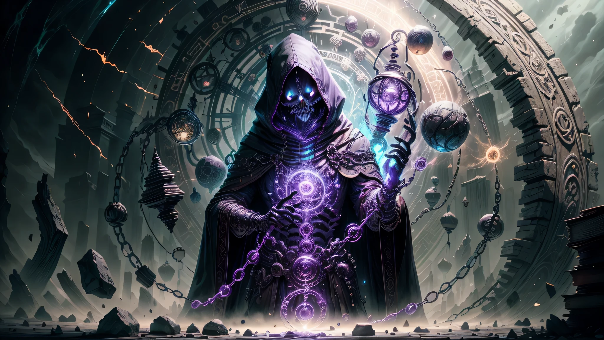 dark runic skeleton lich, black gold skeleton, magic void energy, shining eyes,holding a long cane in both hands, cast a spell, energy cracking, wearing a luxurious cloak, Astral skulls floating around, The earth and rocks float with the energy held by the lich., Detailed glowing runic lines floating around, Bones and skulls are lying on the ground, dark purple energy, floating in the air, energy chain, magic circle on the ground, very intricate details