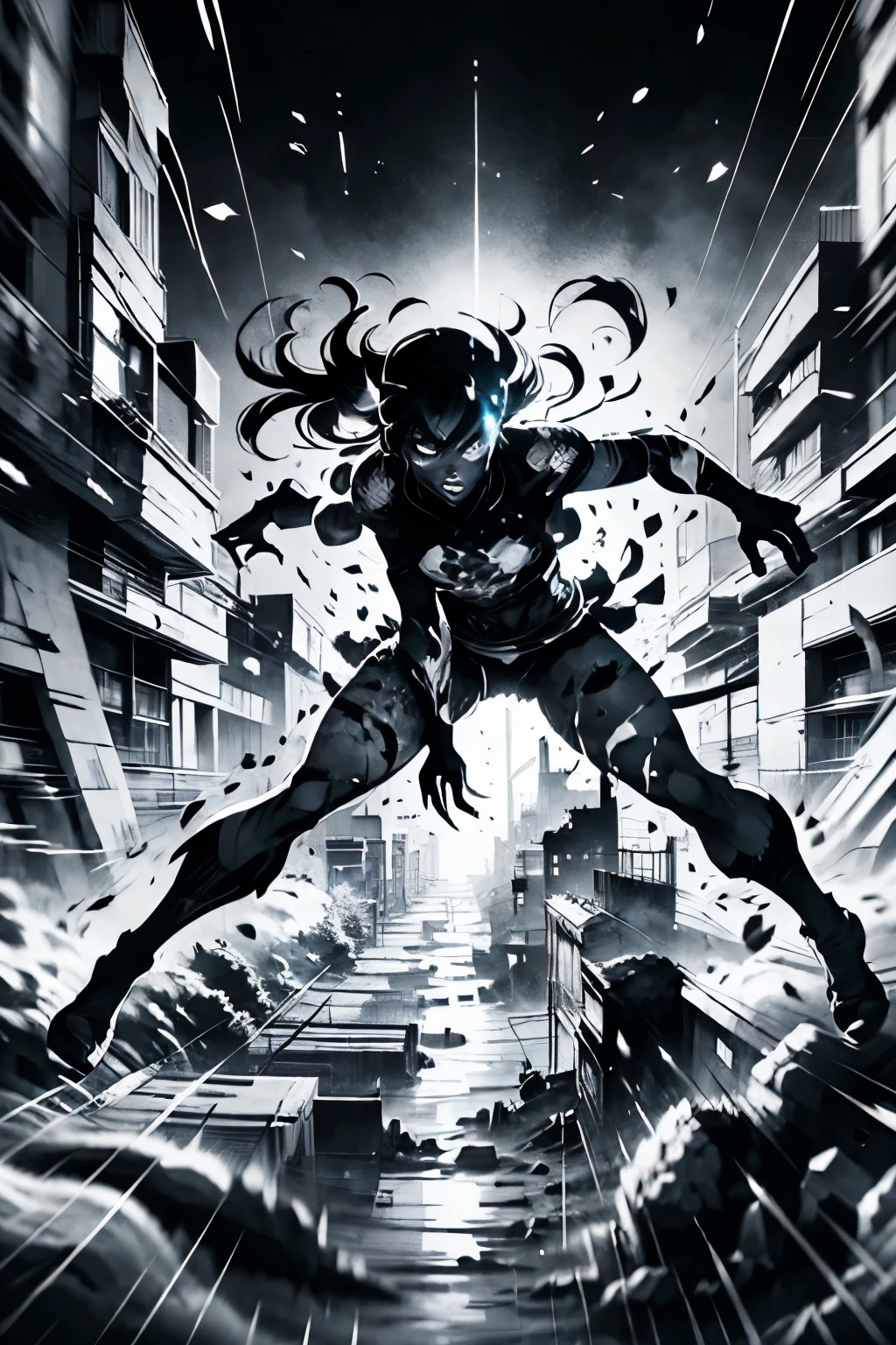 best quality, monochrome, motion-blur, action-lines, Graffiti Comics, no color, ruins