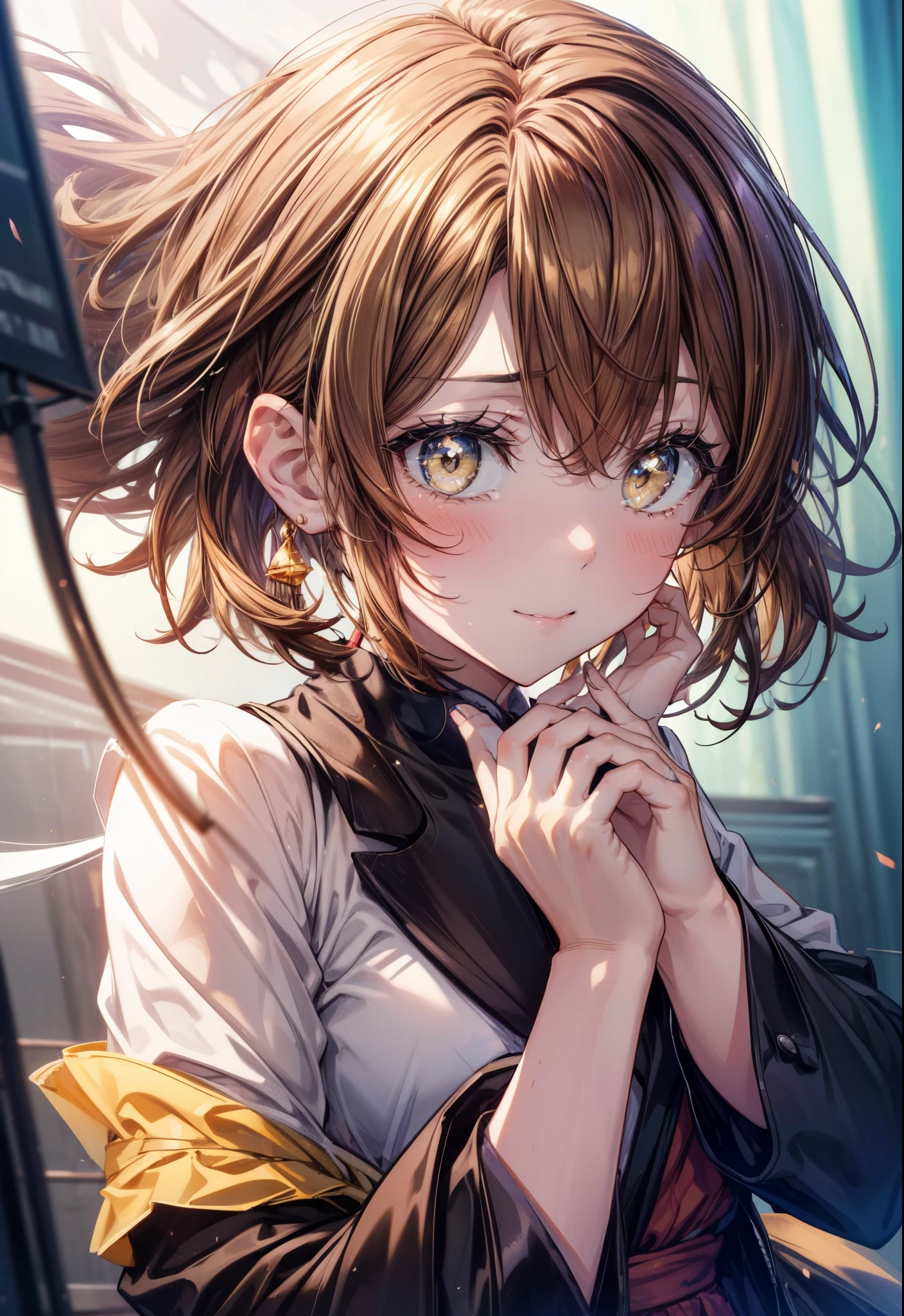 irohaisshiki, iroha isshiki, short hair, brown hair, (brown eyes:1.5), smile,tears run down her face,Crying with joy、Yellow dress,long skirt,stiletto heels,tiara,putting both hands on the chest,
break indoors, on stage,
break looking at viewer,(cowboy shot:1. 5)
break (masterpiece:1.2), highest quality, High resolution, unity 8k wallpaper, (figure:0.8), (detailed and beautiful eyes:1.6), highly detailed face, perfect lighting, Very detailed CG, (perfect hands, perfect anatomy),