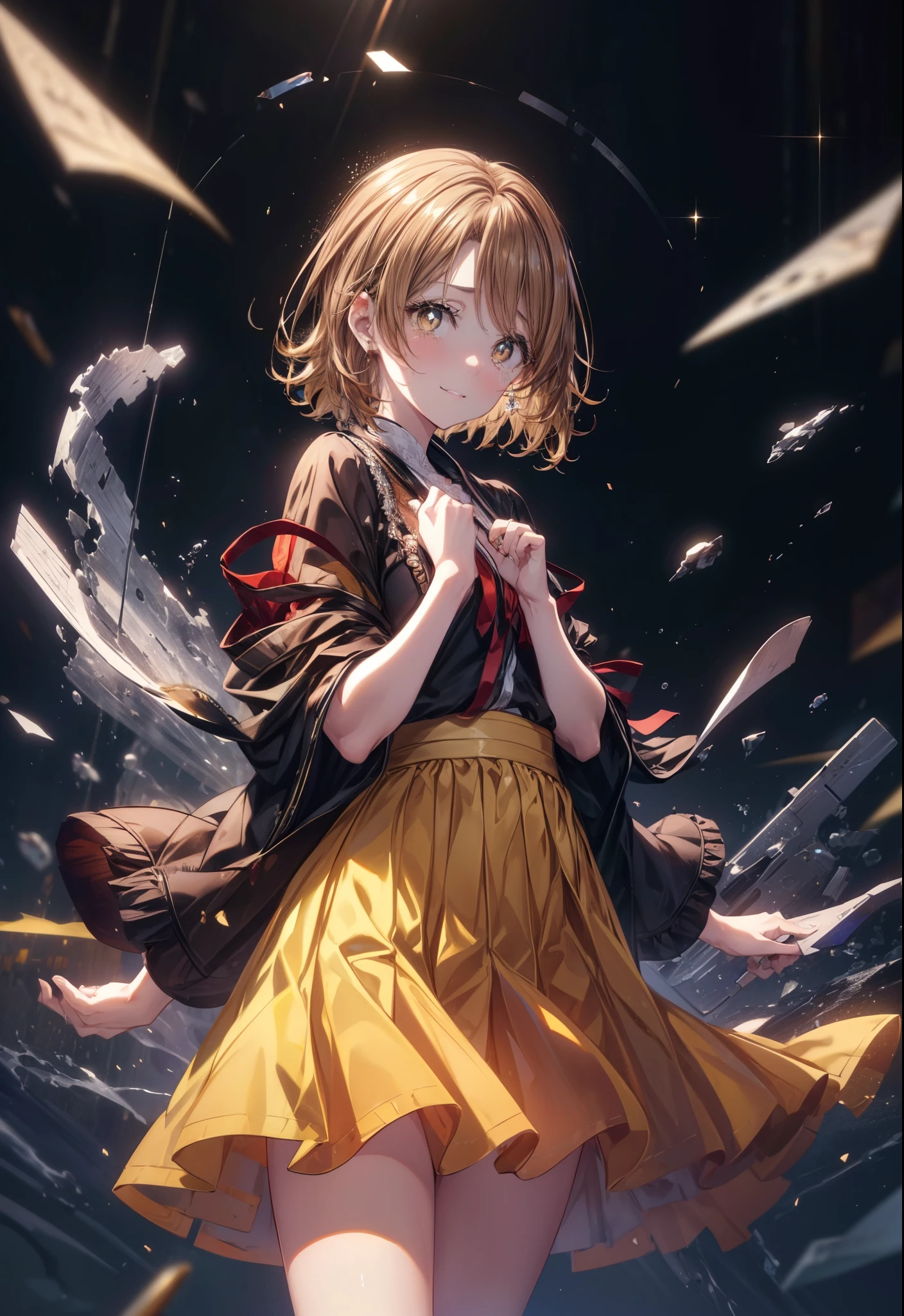 irohaisshiki, iroha isshiki, short hair, brown hair, (brown eyes:1.5), smile,tears run down her face,Crying with joy、Yellow dress,long skirt,stiletto heels,tiara,putting both hands on the chest,
break indoors, on stage,
break looking at viewer,(cowboy shot:1. 5)
break (masterpiece:1.2), highest quality, High resolution, unity 8k wallpaper, (figure:0.8), (detailed and beautiful eyes:1.6), highly detailed face, perfect lighting, Very detailed CG, (perfect hands, perfect anatomy),