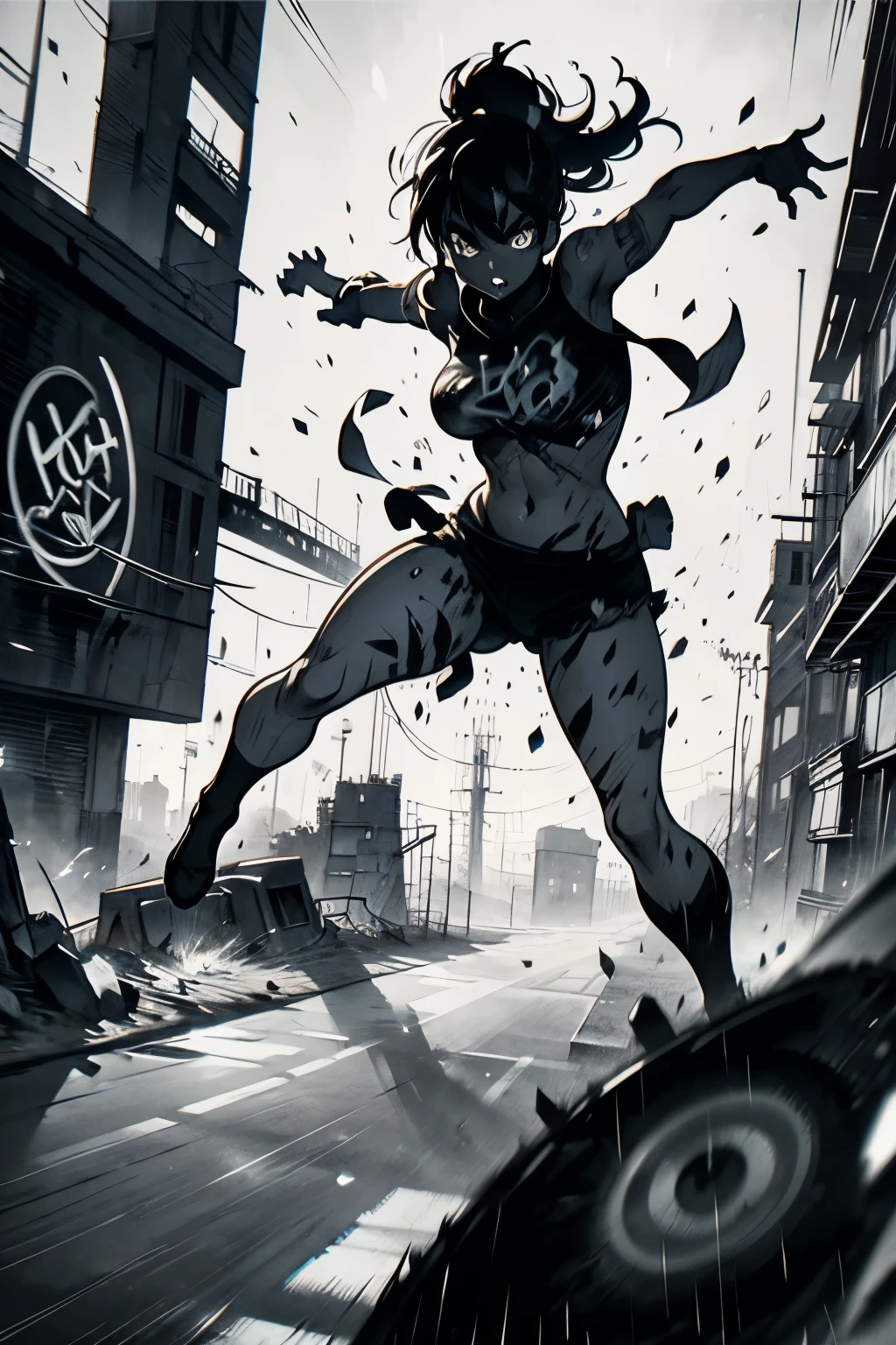 best quality, monochrome, motion-blur, action-lines, Graffiti Comics, no color, ruins