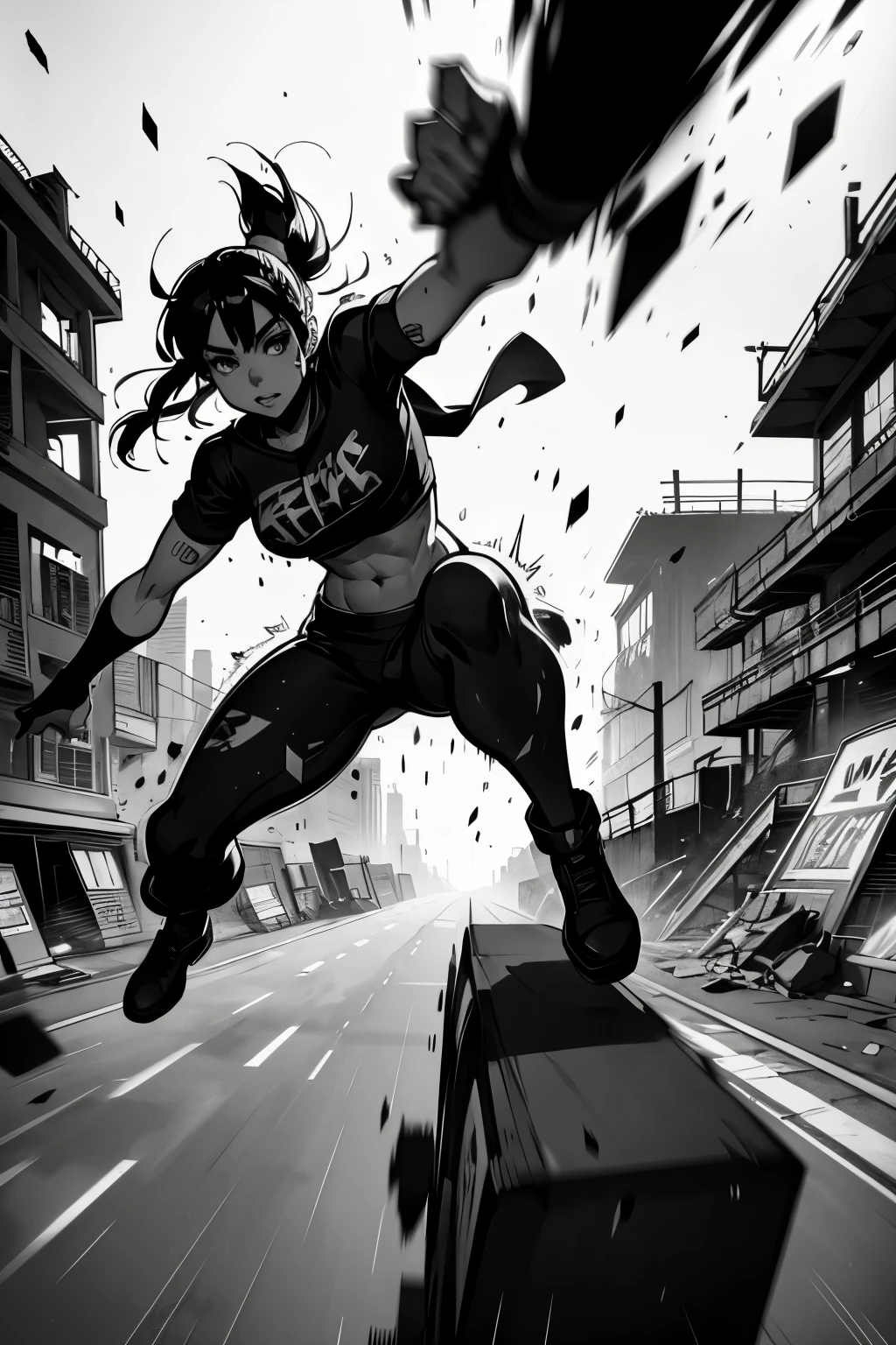 best quality, monochrome, motion-blur, action-lines, Graffiti Comics, no color, ruins