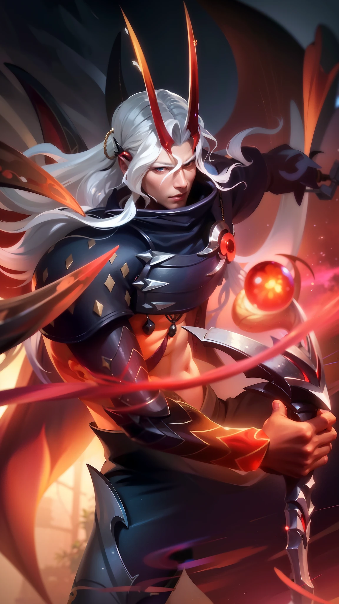 a close up of a person holding a sword and a fire, onmyoji detailed art, onmyoji, heise jinyao, astri lohne, male vampire of clan banu haqim, legendary god holding spear, sylas, splash art, by Yang J, onmyoji portrait, alucard, featured art, beautiful male god of death, white long hair, red eyes.