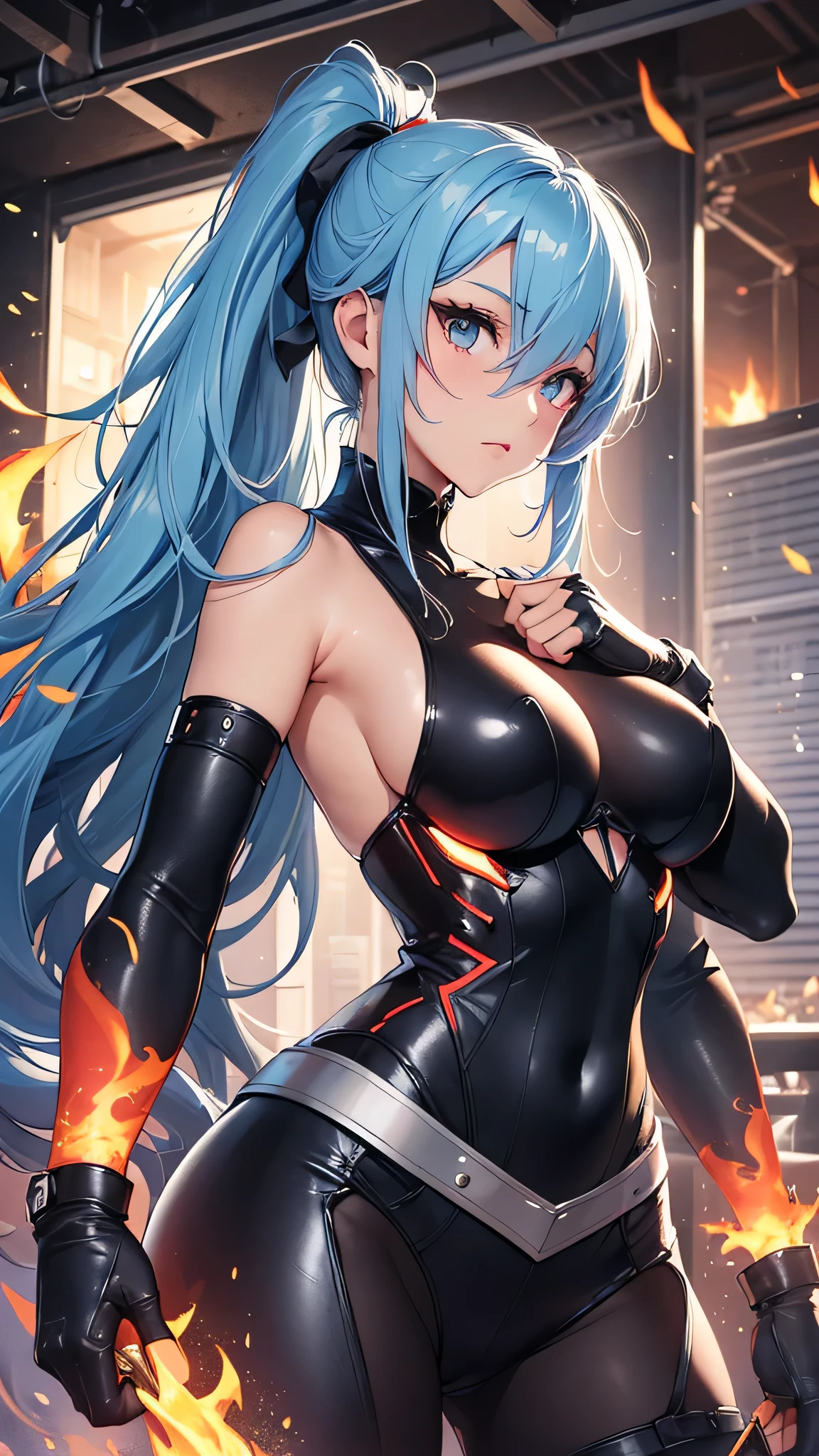 最high quality、best image quality、masterpiece、age girl((20-year-old、 By becoming、vest bust、medium bust,wide open breast tea、shining eyes, light blue hair、long hair、thin,highest valley、ponytail、monster bodysuit、fighting pose)),high quality、beautiful art、background((spark、up in flames、red lighting))、Flight、debris flies、Depth of written boundary、movie、visual art、perfect art、8k,genuine、