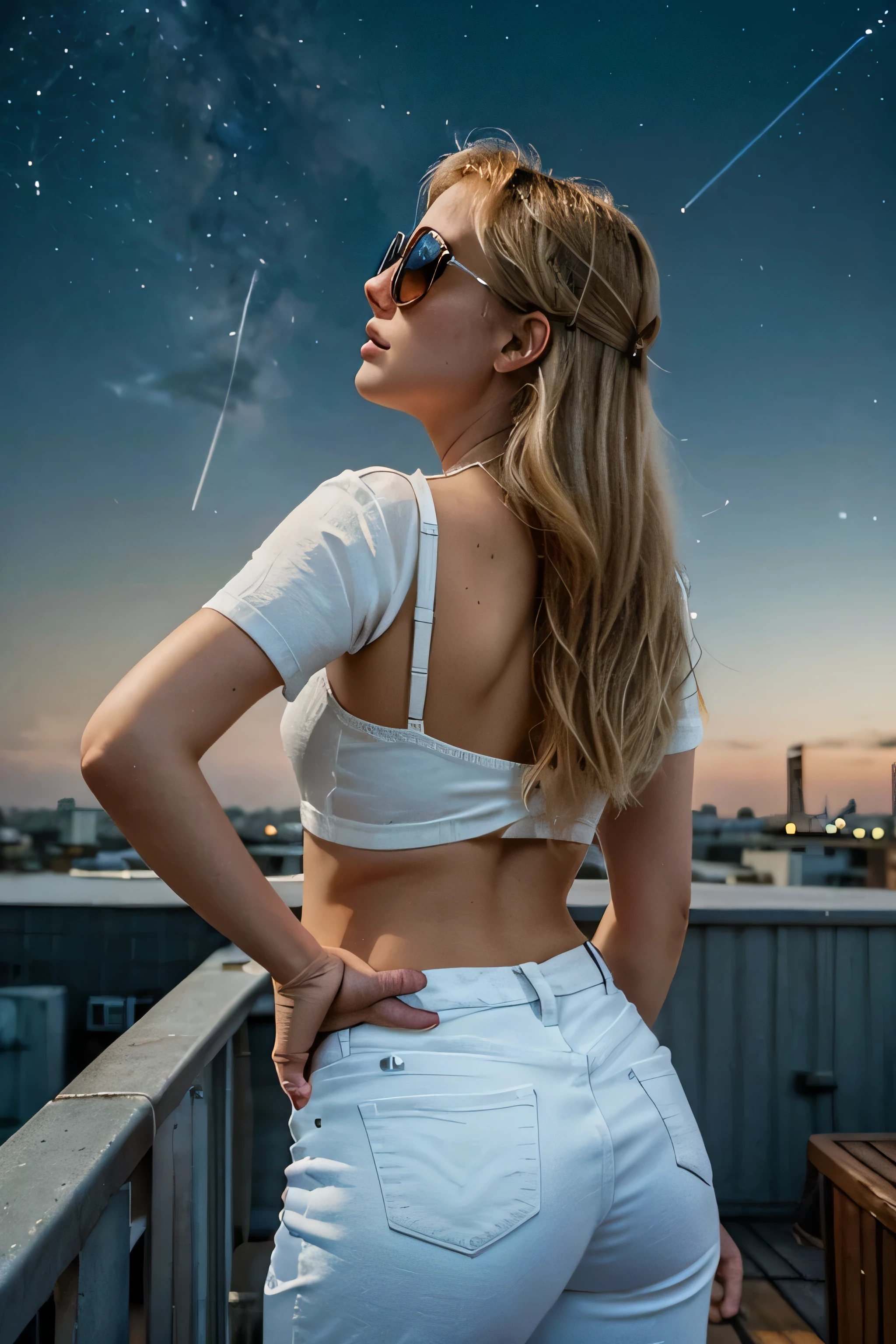 A stylish girl 18-25 with blonde hair, back view, distance from view, angle view, white jeans, with a pair of vintage sunglasses stands on a rooftop, gazing up at the stars. She feels a connection to her departed loved ones, knowing they are watching over her from the night sky. The image is rendered in a retro, nostalgic style, with muted colors and a grainy texture. looking up at the stars. stands on a rooftop, looking up at the stars
