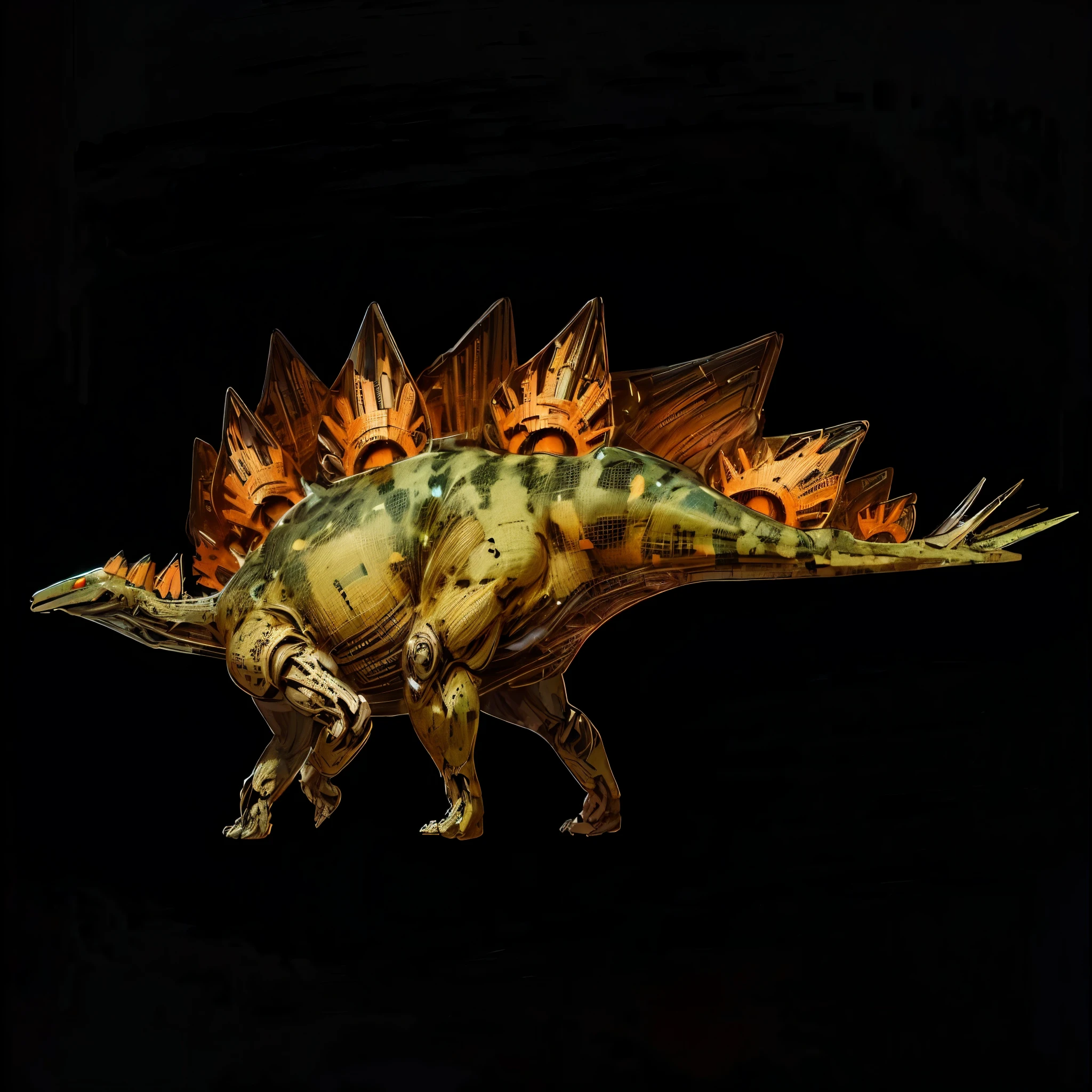 (futuristic:1.5,cyberpunk),(Black canvas background:1.4,blurred background:1.4), Mechanical stegosaur, (Mechanical body:1.2, mechanical limbs:1.2, gear joints, Glowing eyes, realistic scifi cyberpunk armo),Ray Tracing, Reasonable structure,backlight, close up, Mechanical elements,cybernetic, complex,Selective focus, high res