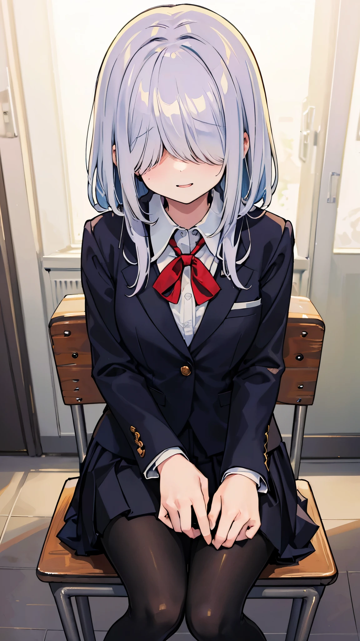 (masterpiece、highest quality、Super detailed)、((detailed face))、1 girl、black hair、long hair、((hair over eyes:1.5))、blush、smile、Moderate chest、((white collared shirt))、navy blue blazer、((black pleated skirt))、((black pantyhose))、sit on a chair、classroom background
