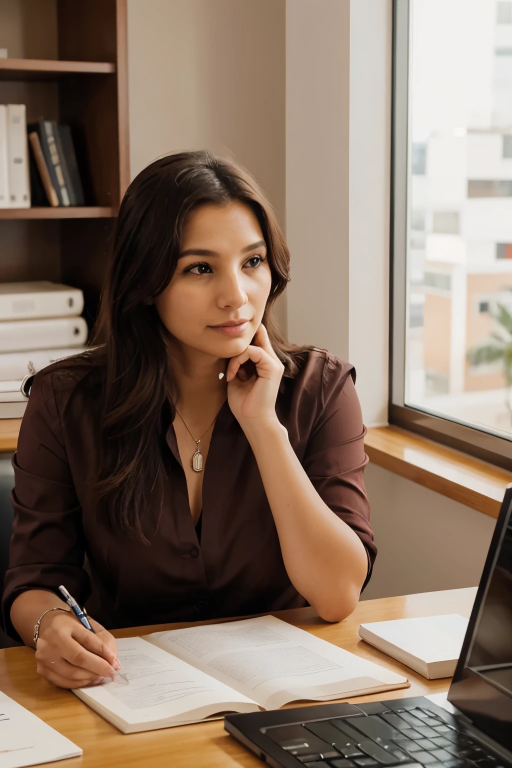 Gere uma imagem realista de um empreendedor, with discovery expression carrying out research for the marketing field, in a beautiful and elegant office with a filter in a slightly reddish color