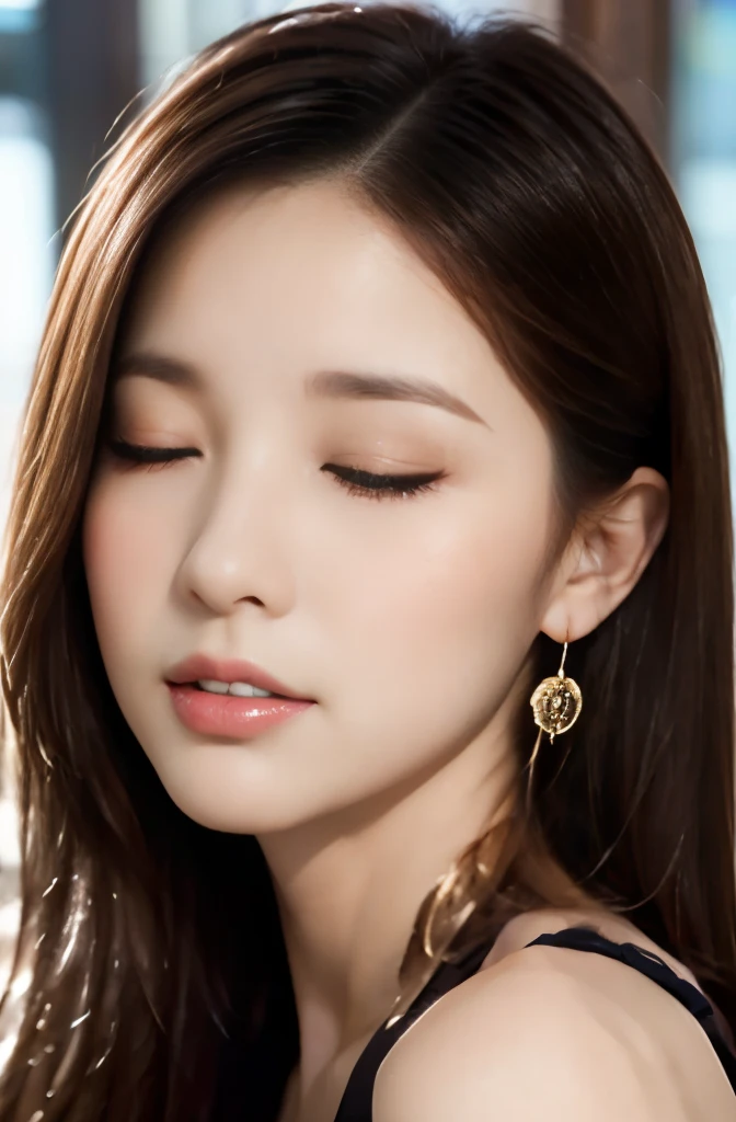 (24 year old lover), (big breasts:1.3),   Cafe、Green Sleeveless High Neck Dress Star Piece: 1.3), (maximum resolution: 1.4), (Super high quality: 1.2), cinematic light, Super high quality,My cheeks turned red:1.2、 (beautiful eyes and skin), (detailed facial features), NSFW:1.2, 8K resolution, perfect style, beautiful expression、Highly detailed face and skin texture、detailed eye、double eyelid、glitter eyeliner:1.2、shiny skin、pure white skin:1.8、white skin:1.8、red rouge、dark lipstick:1.2、shiny small earrings、glossy lips:1.2、((full body shot:1.2))、(straight hairstyles、light brown hair)、long hair、(Close your eyes and ask for a kiss:1.3)