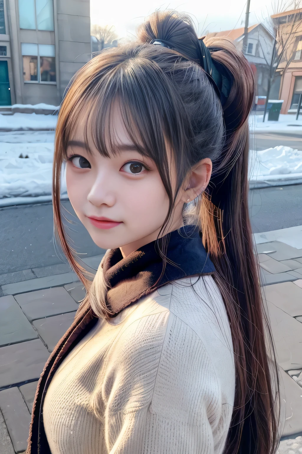 face turns red,long hair ponytail,big ribbon in her hair,(8k, RAW photo, highest quality, table top:1.2), (realistic, Photoreal:1.4), (Highly detailed 8k wallpaper), sharp focus, written boundary depth, cinematic lighting, soft light, Details beauty eye,Shiny and smooth light brown ponytail, asymmetrical bangs, shiny skin, super dense skin ,High resolution, high detail, detailed hairstyle, detailed beauty face, 超realistic, perfect limbs, perfect anatomy ,1 Japanese girl,famous japanese idol, perfect female body,smile,short eyelashes,double eyelid,look straight here,Hair style is ponytail,wear a ribbon, office,long ponytail hairstyle,wearing a scrunchie,So that the whole body is reflected,wearing a long coat,street,stand straight and pose,So that the whole body is reflected,winter,warm clothes,look straight at me,wearing a scarf,that'It's snowing,wear a black long-sleeved coat,Old townscape of Europe,cobblestone road,European churches can be seen in the background