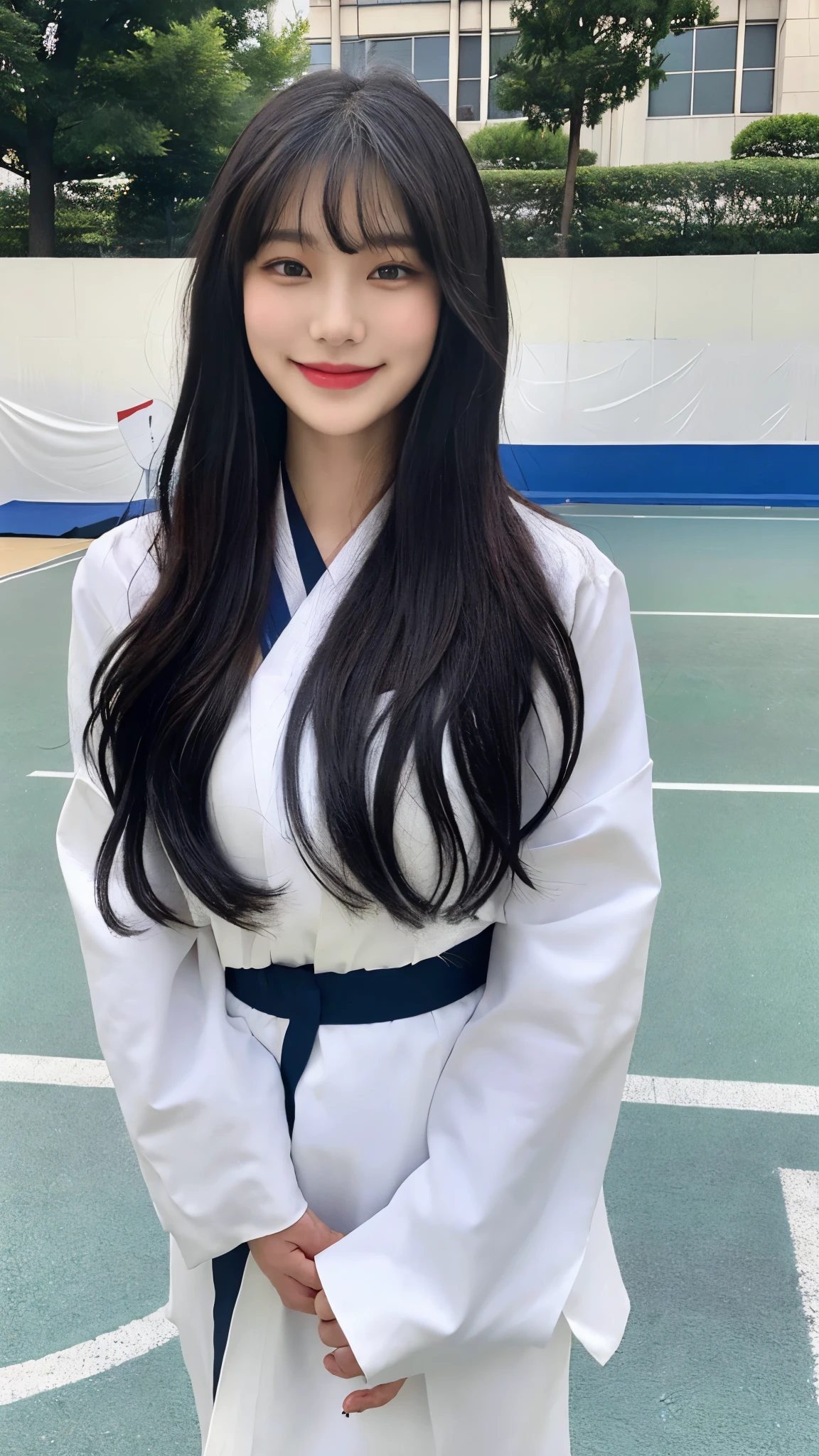 (8 thousand、top quality、masterpiece:1.2)、(realistic、realistic:1.9)、(laugh:0.2)、medium chest、beautiful and delicate eyes、full body sbian、(alone:1.8)、(look at the audience:1.3)、wet hair smiling on basketball court、shoulder height short hair、The tip of the hair touches the shoulder and then bounces up in a U shape....、Loose curly hair,、light bangs、I have bangs、Beautiful black haired woman in her 20s。No Man'so cute.、There is a sophisticated atmosphere。walking on the white sidewalk,、He looked around gracefully.........、Inside the basketball court、、、、、、Radiates quiet beauty。그녀의 laugh는 주변 사람들에게도 있다々that'representation々continuation々This is、々This is、々This is、々Gives you a happy feeling, Wear a hanbok,