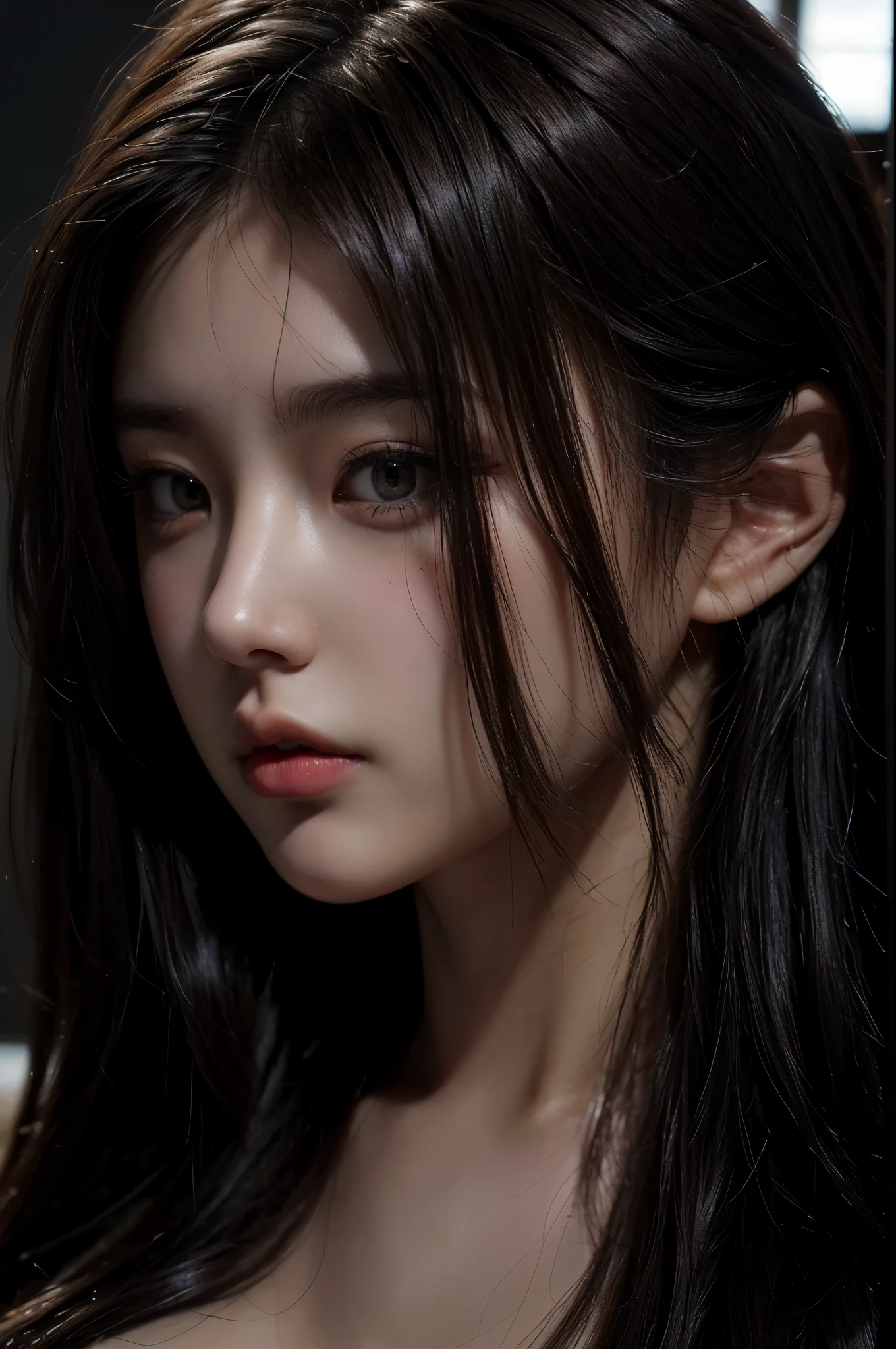(NSFW), ((full :1.5)), (detailed Vagink, RAW photo, best quality, masterpiece: 1.2), (realistic, photorealistic: 1.37), 1 beautiful Japanese girl, 20 years old, solo, (Idol face:1.2), (beautiful detailed eyes:1.2), (symmetrical eyes:1.35), half open mouth, Realistic human skin, perfect anatomy, voluptuous, curvy body, (perfect medium breasts), b big thick thi, long full-wavy hair, (looking at viewer:1.2), front view, face focus, (depth_of_field:1.5), natural light, photon mapping, moody lighting, Cinematic Lighting, lens flare, available light, rim light, studio lighting, (hands behind back), beautiful cozy bedroom with floor to ceiling glass windows overlooking a cyberpunk city at night, thunderstorm outside with torrential rain, dark, gloomy, moody aesthetic, (Close Up:1.5),