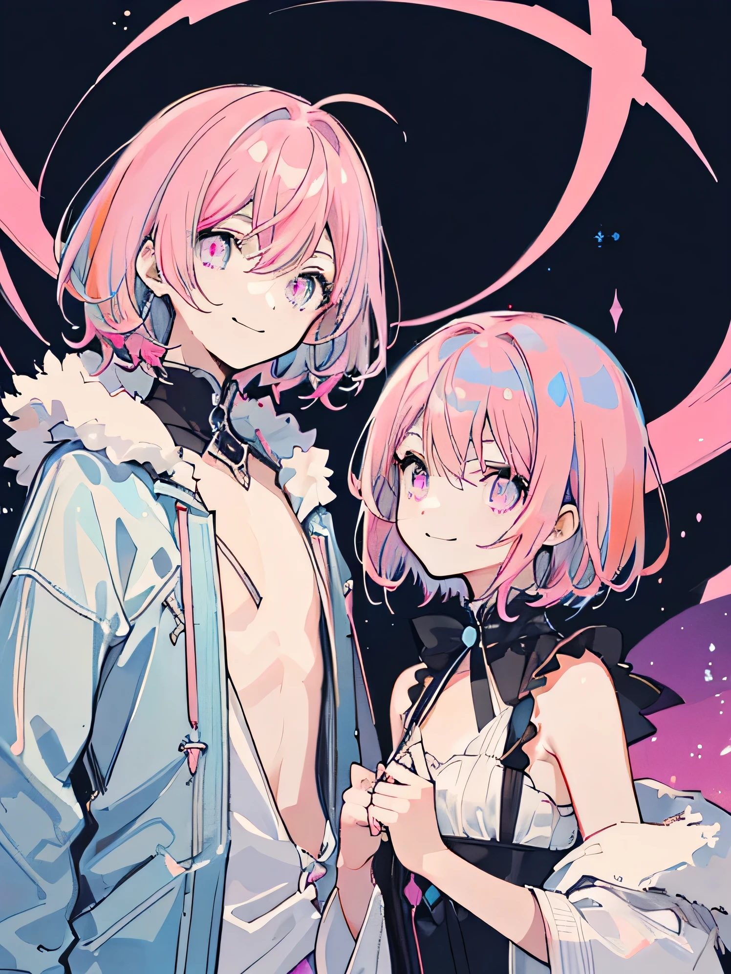 ((masterpiece, Super detailed, high quality, eye details, sparkling eyes)), two people, brother and sister take a photo together, ((My brother's height is 178 cm., pink hair, short hair down in front, habitually scatter, pink and purple eyes, neutral face, flat chest, nice, No expression, clear eyey sister's height is 163 cm, pink hair, short hair down in front, fluffy, Light blue and pink eyes, smile)).