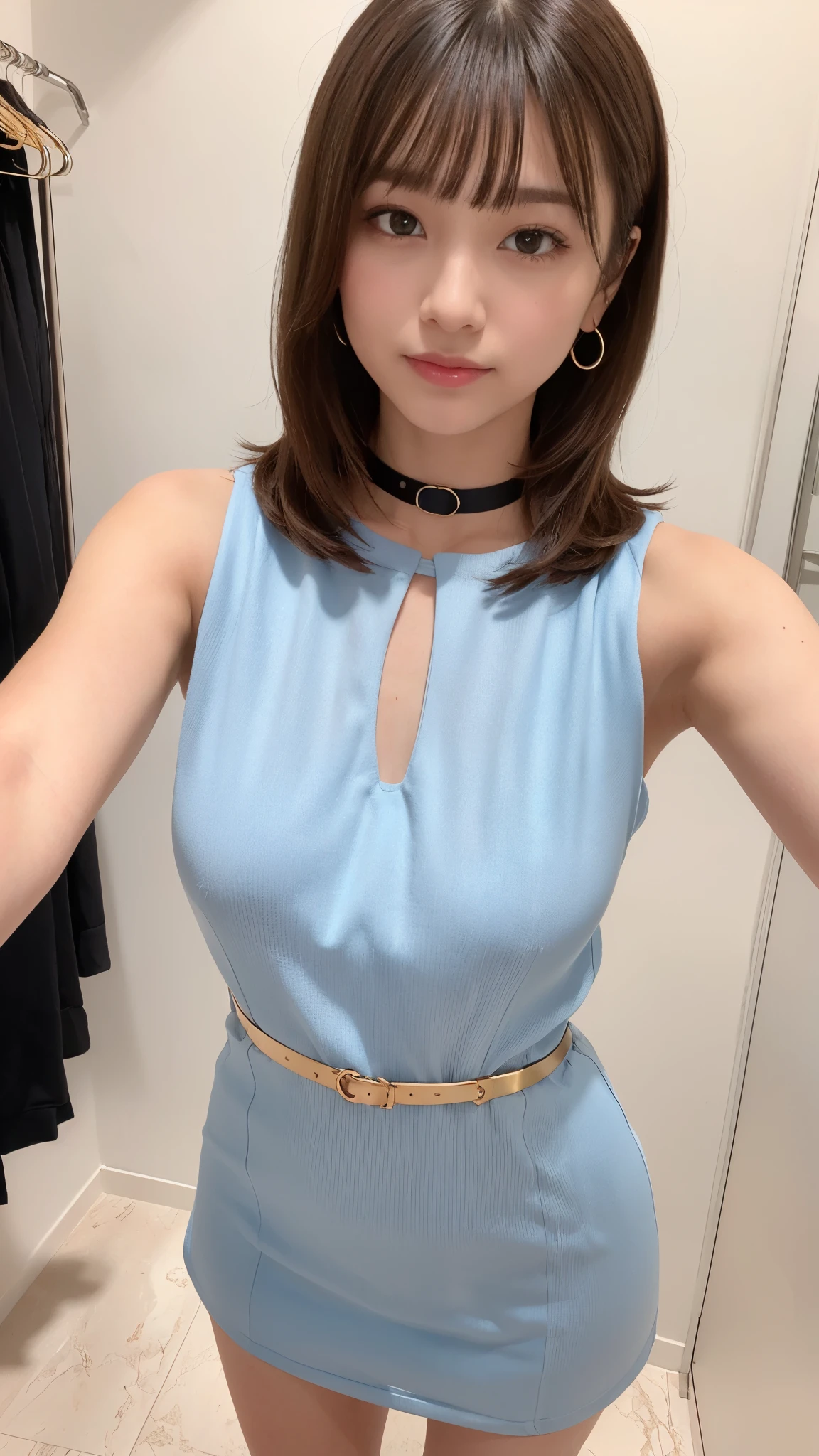 (masterpiece:1.3), High resolution, super detailed, Highly detailed CG Unity 8k wallpaper, realistic, photo-realistic, RAW photo, beautiful and detailed face, white skin, realistic transparent skin, fine cloth texture, detailed hair texture, perfect figure, beautiful face, Accurate, anatomically correct, Highly detailed face and skin texture, natural neck length, Luxurious necklaces and earrings, (beautiful hands), (Fair skin:1.2), thin legs, thin legs, neatly aligned teeth, 
break, 
fine eyes, symmetrical eyes, light brown eyes, double eyelid, thin eyebrows, (glossy lips:1.4), ((very provocative smile:1.2)), (blush:1.1),
break, 
(classy and cute girl:1.3), ([wearing (Holter Keyhole Neck) Sky Blue Silk Dress]:1.2), (Glossy gold mesh belt:1.1),
medium breasts, (slender body shape:1.1), strong abdominal muscles, beautiful clavicle, looking at the viewer, 
(dark blonde hair, wavy hair:1.1), ((long hair:1.2)), ((asymmetrical bangs:1.2)), (upper body shot:1.2), From front
break, 
((Standing in a selfie pose on Instagram:1.2)), ((Private fitting room at UNIQLO Store))
