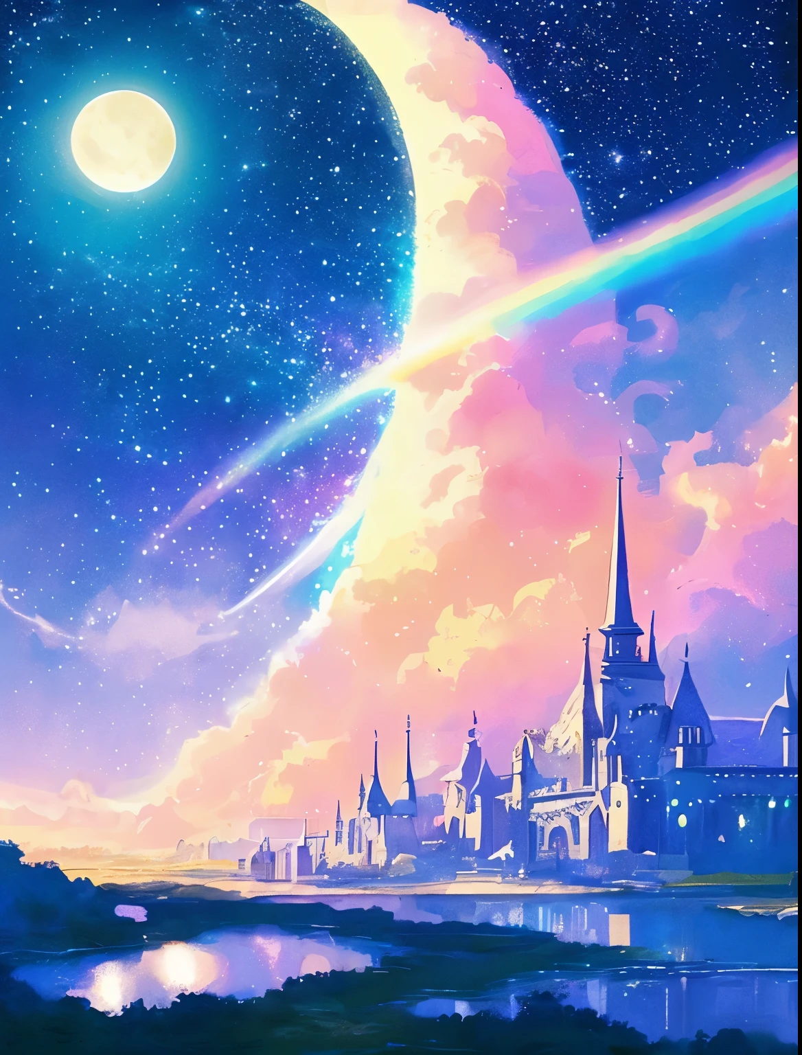 ((Huge pale yellow moon))((A girl who looks up at her profile and is subjectively depicted))、((crying girl))、Profile girls、On a multicolored background、A painting of a river with stars and the moon in a rainbow sky、Shining skyscrapers、shines all over、Concept art inspired by Mitsuoki Tosa、pixiv contest winner、highest quality、fantasy art、beautiful anime scene、bright moon、moonlit star environment、dream picture、anime backgroundアート、fantasy landscape art、fantasy knight、anime background、background artwork、amazing art、Atmospheric anime、starry sky、Detail has been enhanced。