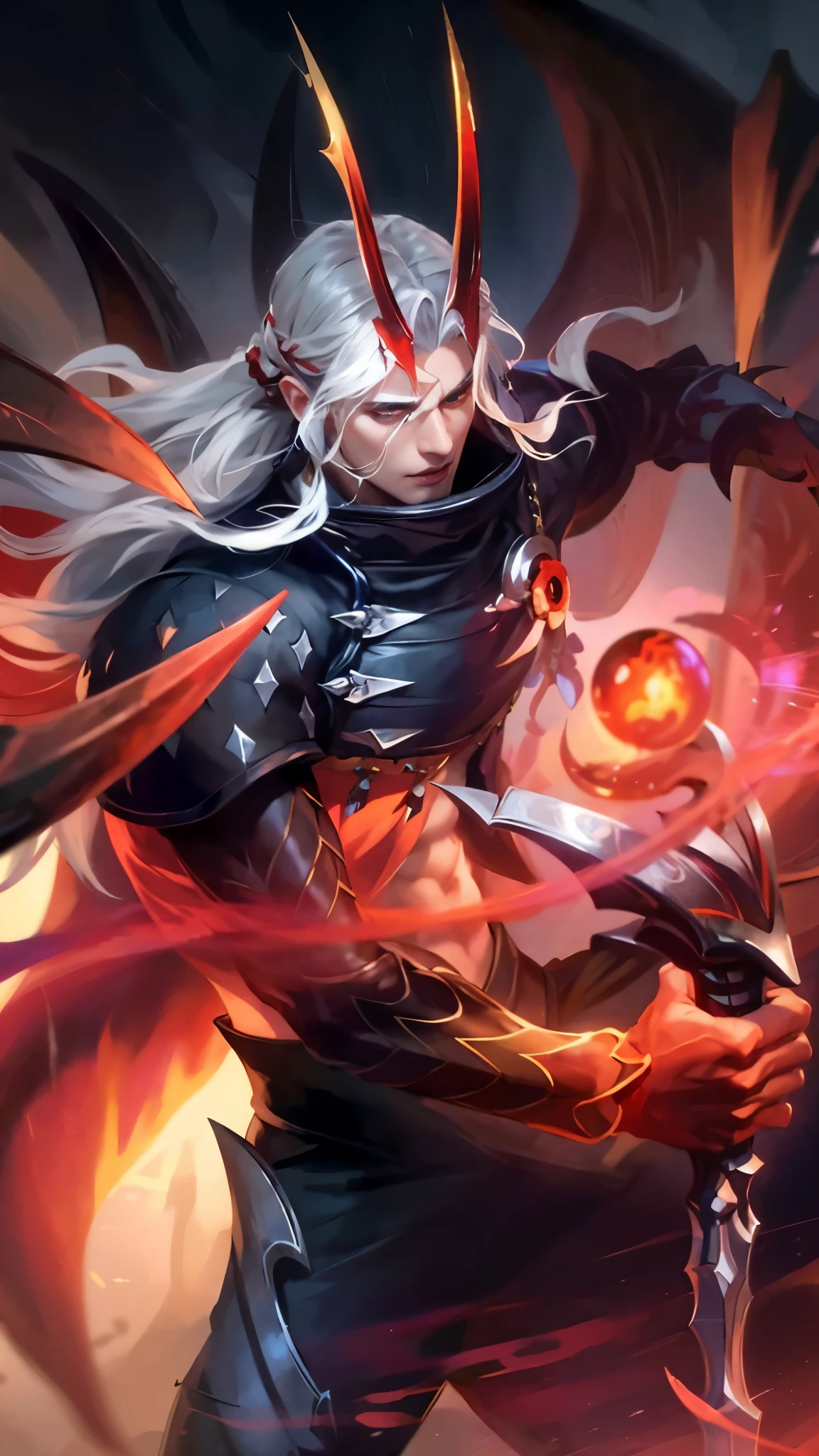 Best quality, masterpiece, detailed skin texture, detailed clothes texture, detailed face, super detail, 8k, intricate detail, 1 boy, The color doesn't change, Muscle guy, 1 guy, a close up of a person holding a sword and a fire, onmyoji detailed art, onmyoji, heise jinyao, astri lohne, male vampire of clan banu haqim, legendary god holding spear, sylas, splash art, by Yang J, onmyoji portrait, alucard, featured art, beautiful male god of death.