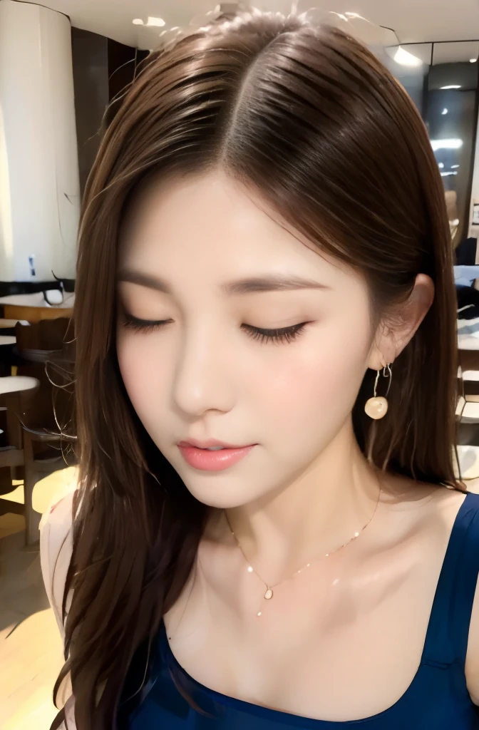 (24 year old lover), (big breasts:1.3),bare your chest,Cafe、Green Sleeveless High Neck Dress Star Piece: 1.3), (maximum resolution: 1.4), (Super high quality: 1.2), cinematic light, Super high quality,My cheeks turned red:1.2、 (beautiful eyes and skin), (detailed facial features), NSFW:1.2, 8K resolution, perfect style, beautiful expression、Highly detailed face and skin texture、detailed eye、double eyelid、glitter eyeliner:1.2、shiny skin、pure white skin:1.8、white skin:1.8、red rouge、dark lipstick:1.2、shiny small earrings、glossy lips:1.2、((full body shot:1.2))、(straight hairstyles、light brown hair)、long hair、(Close your eyes and ask for a kiss:1.3),From above