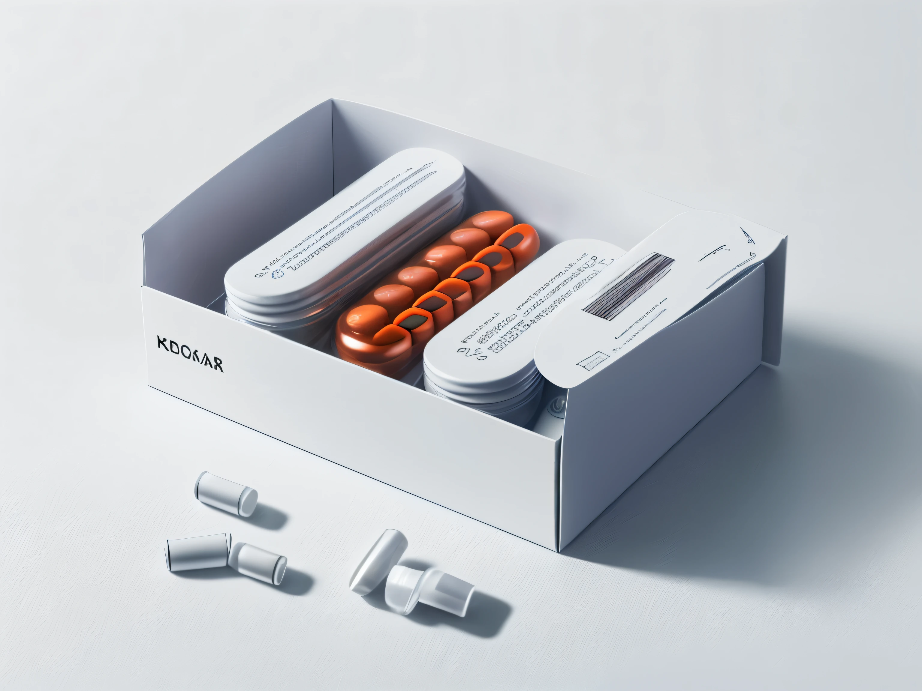 (Close-up product photo shoot of a box of medicines, drug),(best quality,4k,8k,high resolution,masterpiece:1.2),Super detailed,professional,studio lighting,(Clear images,sharp focus),bright colors,Bokeh,Product Focus,holographic effect,reflection on packaging,glossy finish,Detailed layout,Polished and clean surface,High quality printing,Close-up of pills and capsules,Clear labeling and dosage instructions,medically oriented,Pharmaceutical equipment and accessories,Lab environment,Sterile environment,soft light,lifelike,White background,Simple and modern design,Highlight brand name and logo,Innovation frontier,Pharmacological topics,Revealing the texture and pattern of the box,understatedelegance,Exquisite packaging design,artistic creation,Meticulous attention to detail.
