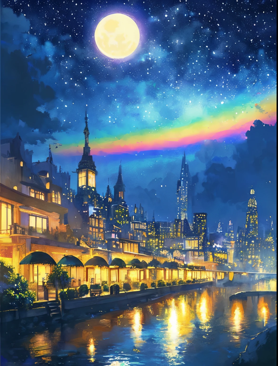 ((huge pale yellow moon))((A girl who looks up at her profile and is subjectively depicted))、((crying girl))、Profile girls、On a multicolored background、Painting of a river with stars and moon in a rainbow sky、Shining skyscrapers、shine all over、Concept art inspired by Mitsuoki Tosa、pixiv contest winner、highest quality、fantasy art、beautiful anime scene、bright moon、moonlit star environment、dream picture、anime backgroundアート、fantasy landscape art、fantasy knight、anime background、background artwork、great art、Atmospheric anime、starry sky、Detail has been enhanced。