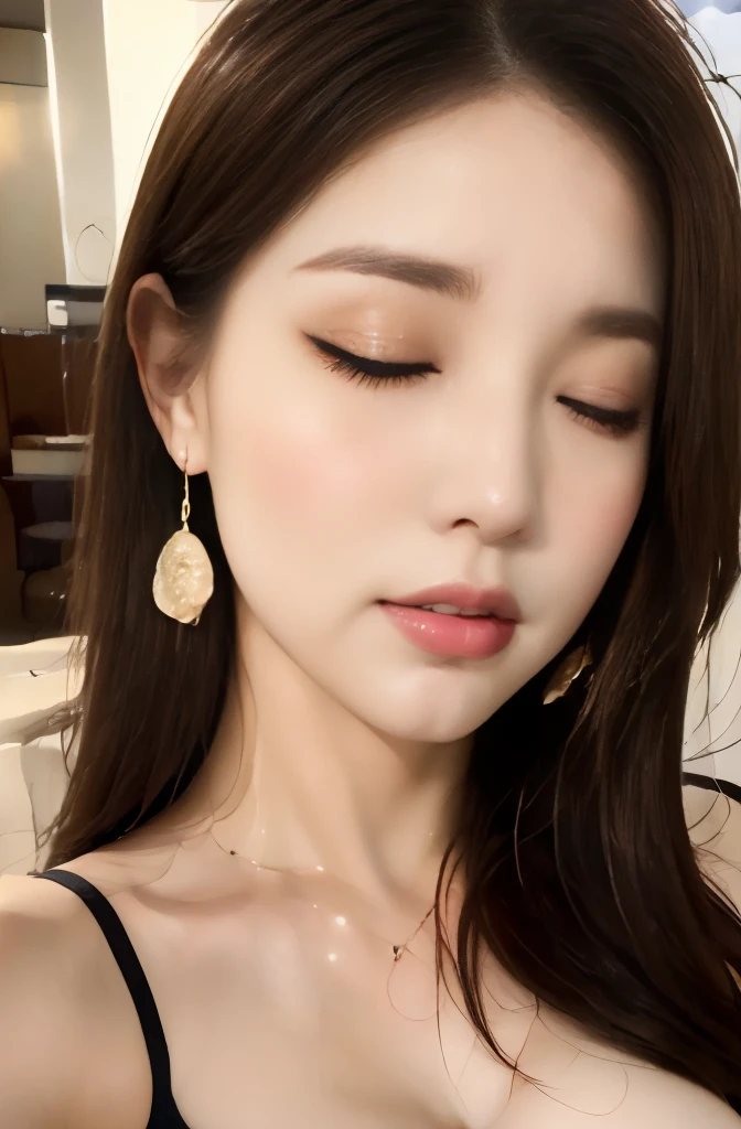 (24 year old lover), (big breasts:1.3),bare your chest,Cafe、Green Sleeveless High Neck Dress Star Piece: 1.3), (maximum resolution: 1.4), (Super high quality: 1.2), cinematic light, Super high quality,My cheeks turned red:1.2、 (beautiful eyes and skin), (detailed facial features), NSFW:1.2, 8K resolution, perfect style, beautiful expression、Highly detailed face and skin texture、detailed eye、double eyelid、glitter eyeliner:1.2、shiny skin、pure white skin:1.8、white skin:1.8、red rouge、dark lipstick:1.2、shiny small earrings、glossy lips:1.2、((full body shot:1.2))、(straight hairstyles、light brown hair)、long hair、(Close your eyes and ask for a kiss:1.3),From above