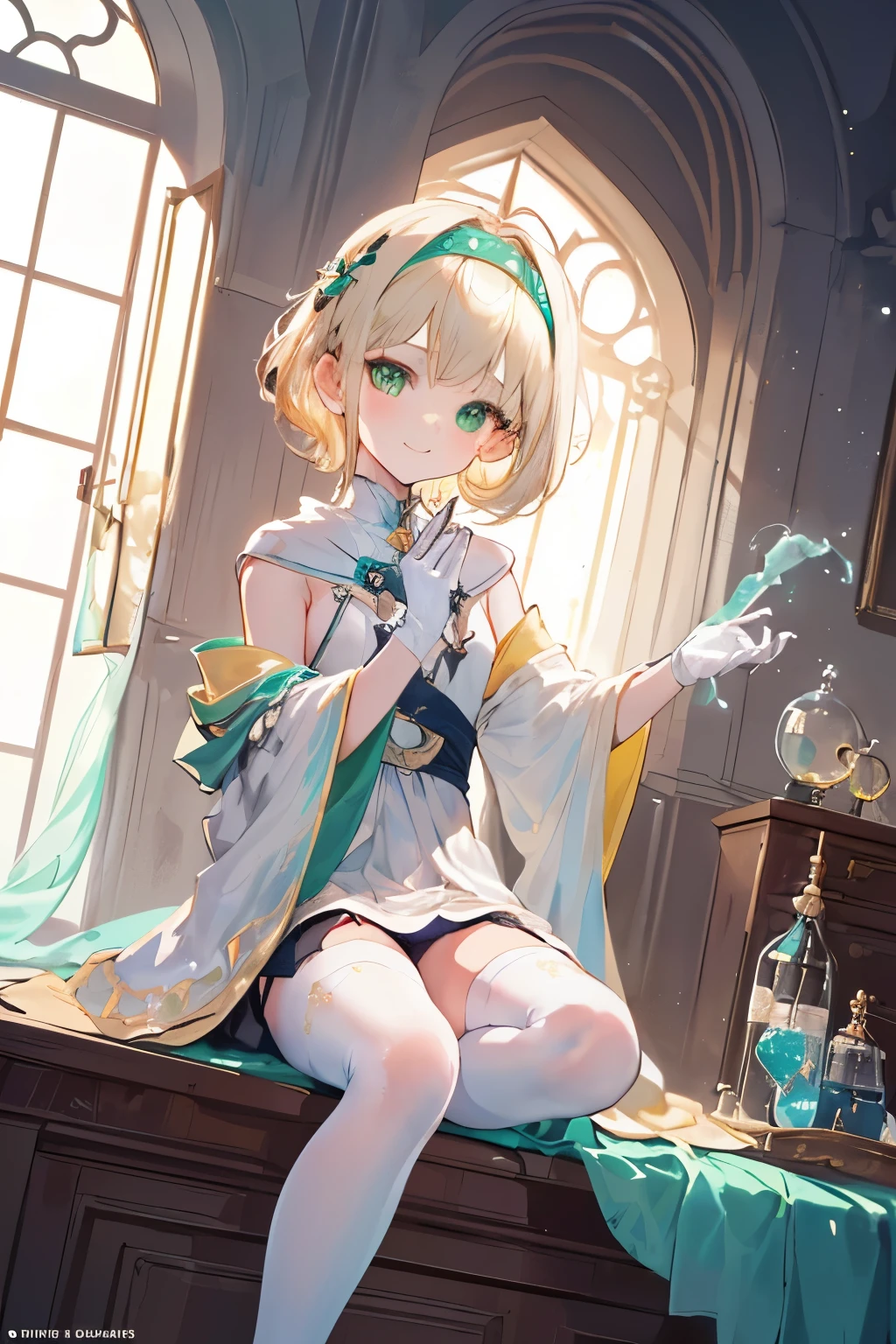 (((1girl))), ((best quality)), ((masterpiece)), ((ultra-detailed)), (illustration), (detailed light), (an extremely delicate and beautiful), (beautiful detailed eyes), (sunlight), ((extremely light)), ((extremely clothes)), (((hyper detail))),(((((front lighting))))),(((((front light))))),
((((quite adorable magical dress with brief skirt and robe and magical headband)))),
, ((((Expert alchemist)))),
(((short curly manish bob))), ((((platinum blonde)))), (((short hair))),
(((clear green eyes))),
((((whole body)))), aged 5 to 8, ((((())))), (((((quite adorable young girl))))),
(((condescending expression))), (mischievous smile with sexual satisfaction), (((extra adorable))), (((extra slender shape))),
(((extremely beautiful detailed face))),
((elegant magic gloves)),
((elegant magic boots)),
(((bravely and dynamically curing companions with a Magic of Creation of potions))), ((Dutch angle)), (magical pale ming green panties),
(((()))),
(((extremely thin thighagical stockings)))