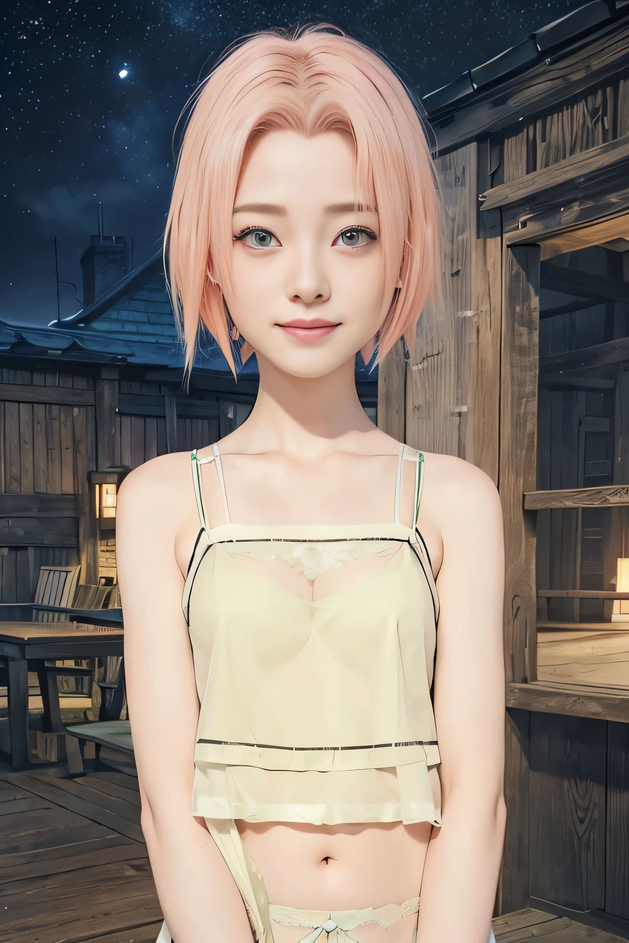 masterpiece, best quality, (realistic,photo-realistic:1.4), (RAW photo:1.2), extremely detailed CG unity 8k wallpaper, delicate and beautiful, amazing,finely detail, official art, absurdres, incredibly absurdres, huge filesize, ultra-detailed,extremely detailed eyes and face,light on face,sakura haruno,(little smile:1.3),(pink hair:1.4),(short hair:1.6),(town:1.5),(wearing lingerie:1.5),green eyes