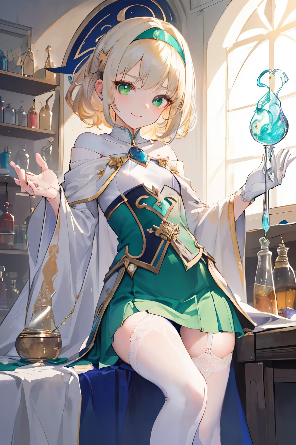 (((1girl))), ((best quality)), ((masterpiece)), ((ultra-detailed)), (illustration), (detailed light), (an extremely delicate and beautiful), (beautiful detailed eyes), (sunlight), ((extremely light)), ((extremely clothes)), (((hyper detail))),(((((front lighting))))),(((((front light))))),
((((quite adorable magical dress with brief skirt and robe and magical headband)))),
, ((((Expert alchemist)))),
(((short curly manish bob))), ((((platinum blonde)))), (((short hair))),
(((clear green eyes))),
((((whole body)))), aged 5 to 8, ((((())))), (((((quite adorable young girl))))),
(((condescending expression))), (mischievous smile with sexual satisfaction), (((extra adorable))), (((extra slender shape))),
(((extremely beautiful detailed face))),
((elegant magic gloves)),
((elegant magic boots)),
(((bravely and dynamically curing companions with a Magic of Creation of potions))), ((Dutch angle)), (magical pale green panties),
(((()))),
(((extremely thin thighagical stockings)))